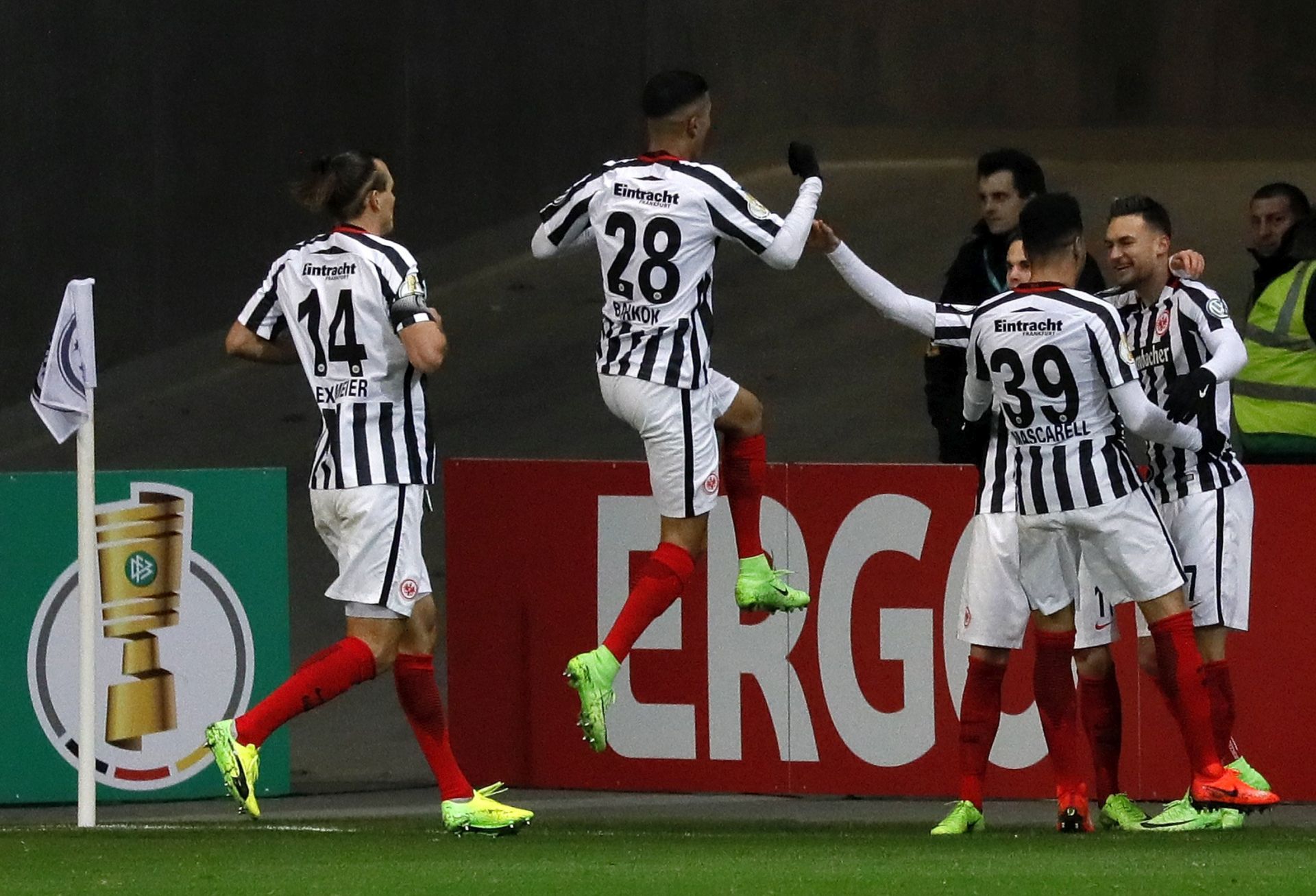 epa05821083 Frankfurt's Players celebrates with teammates after scoring the 1-0 goal lead during the German DFB Cup quarter final soccer match between Eintracht Frankfurt and Arminia Bielefeld in Frankfurt, Germany, 28 February 2017.

(ATTENTION: The DFB prohibits the utilisation and publication of sequential pictures on the internet and other online media during the match (including half-time). ATTENTION: BLOCKING PERIOD! The DFB permits the further utilisation and publication of the pictures for mobile services (especially MMS) and for DVB-H and DMB only after the end of the match.)  EPA/RONALD WITTEK