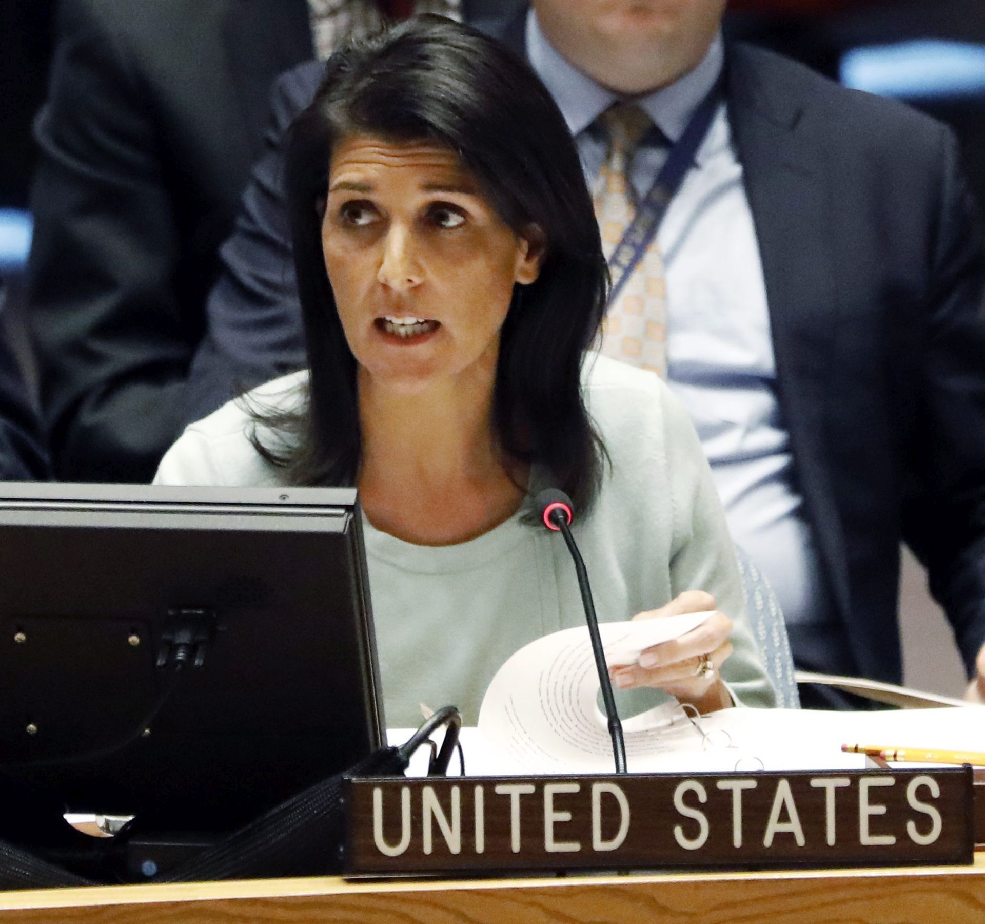 epa05767541 The new US Ambassador to the United Nations Nikki Haley, waits to address a Security Council on the situation in Ukraine at United Nations headquarters in New York, New York, USA, 02 February 2017.  EPA/JASON SZENES