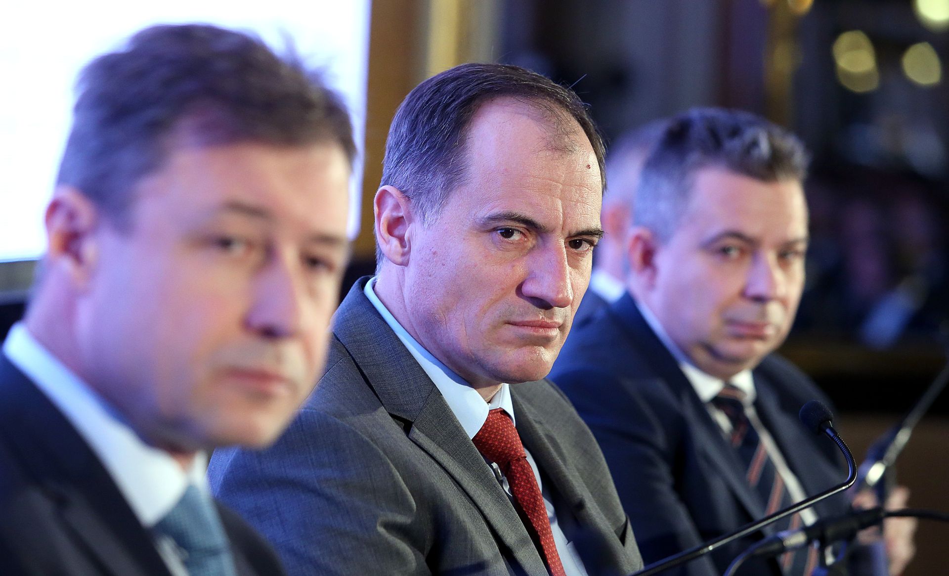 25.01.2017., Zagreb - Predsjednica Republike Kolinda Grabar-Kitarovic sudjelovala je na Energetskoj konferenciji "Nova hrvatska energetska strategija" u Hotelu Esplanade Zagreb. Perica Jukic, Slaven Dobrovic, Zoltan Aldott. 
Photo: Goran Stanzl/PIXSELL