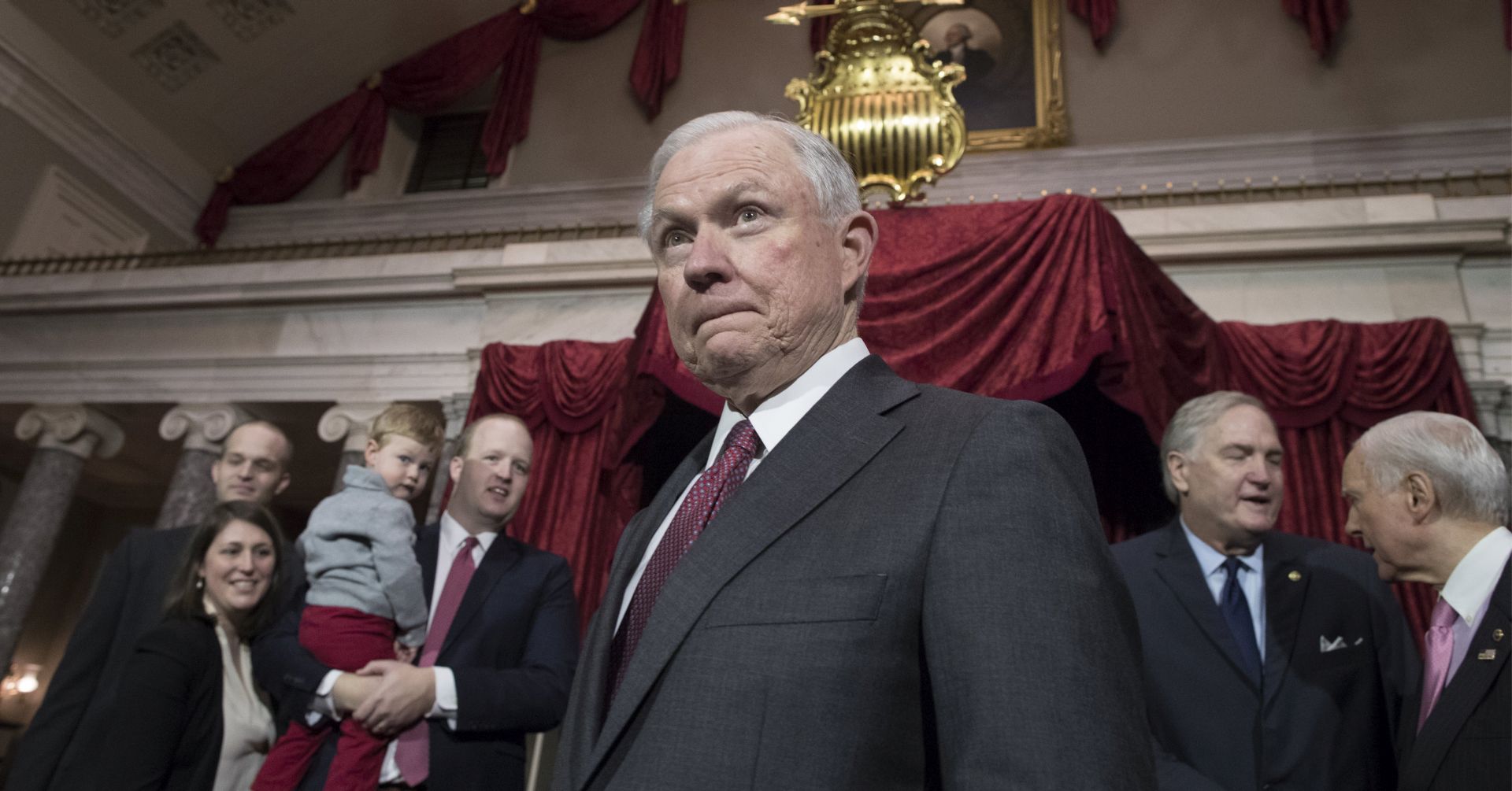 epa05824164 (FILE) - A file photograph shhowing US Attorney General Jeff Sessions (C) attending the mock swearing-in of Luther Strange (not pictured) as Republican Senator of Alabama, in the old Senate chamber on Capitol Hill in Washington, DC, USA, 09 February 2017. Media reports on 02 March 2017 state that Jeff Sessions has come under pressure after it is alleged that he met Russia's ambassador twice during Donald Trump's presidential campaign. In January during Sessions' confirmation hearing he is reported saying that he had no contacts with the Russians during the campaign.  EPA/MICHAEL REYNOLDS