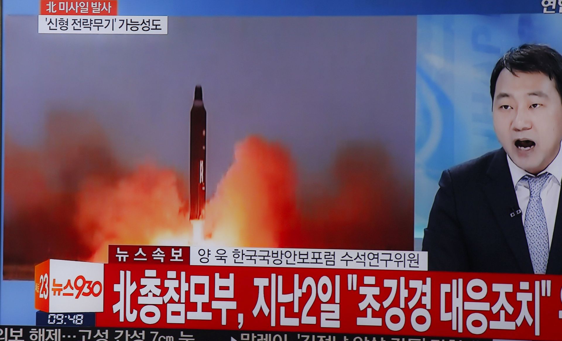epa05832269 A tv displays a news broadcast reporting on North Korea test-firing ballistic missiles, at a station in Seoul, South Korea, 06 March 2017. According to reports quoting South Korea's military, North Korea has test-fired multiple missiles on 06 March 2017, from a missile base located in Tongchang-ri region, near the border with China. It was not immediately known the exact number or type of missiles being fired. The projectiles reportedly flew some 1,000 km towards the Sea of Japan, the South Korean military added. Japanese Prime Minister Shinzo Abe commented the incident saying that three of four ballistic missiles landed in Japanese exclusive economic zone (EEZ), media said. North Korea is under tough UN sanctions following its recent nuclear and missile tests at a moment of great tension in the Korean peninsula.  EPA/KIM HEE-CHUL