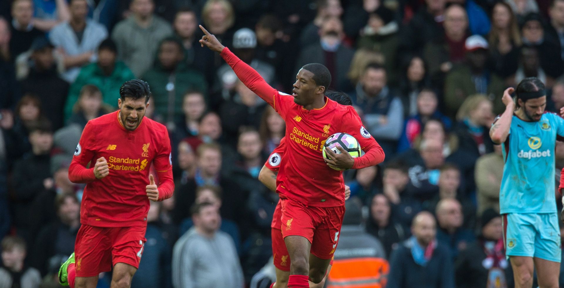 epa05844597 Liverpool’s Georginio Wijnaldum (C) celebrates scoring the 1-1 goal during the English Premier League soccer match between Liverpool FC and Burnley FC held at Anfield, Liverpool, Britain, 12 March 2017.  EPA/PETER POWELL EDITORIAL USE ONLY. No use with unauthorized audio, video, data, fixture lists, club/league logos or 'live' services. Online in-match use limited to 75 images, no video emulation. No use in betting, games or single club/league/player publications.