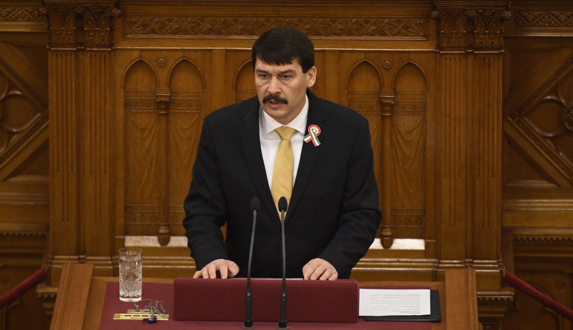 epa05845457 Hungarian President Janos Ader delivers his speech during the plenary session of the unicameral Hungarian Parliament in Budapest, Hungary, 13 March 2017, when the deputies elect the President of Hungary for the next term of five years. Janos Ader is up against the candidate of the opposition coalition Laszlo Majtenyi for the post.  EPA/ZOLTAN MATHE HUNGARY OUT