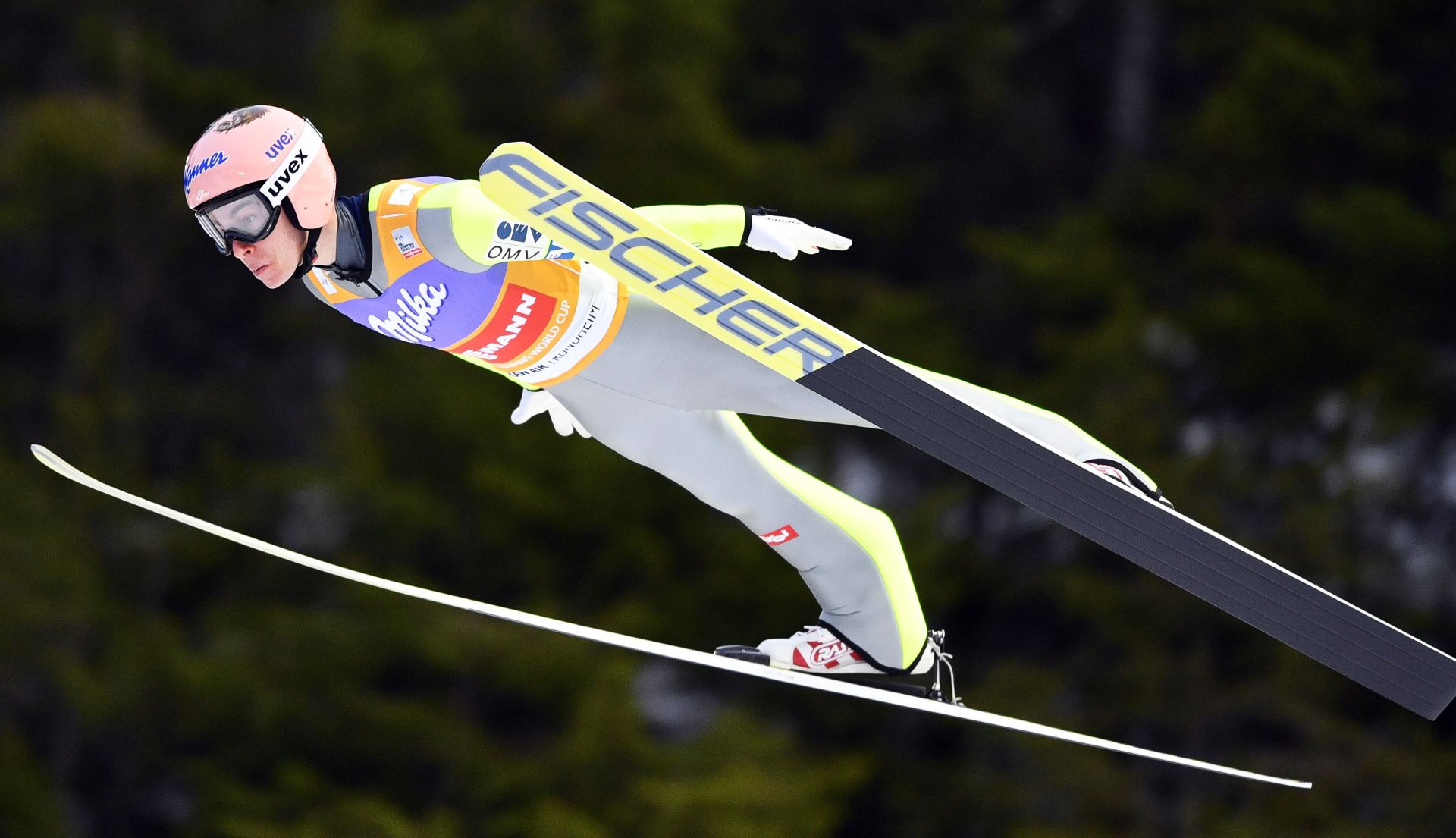 epa05852522 Austria's Stefan Kraft in action during the first round of the men's Large Hill qualification round of the FIS Ski Jumping World Cup in Trondheim, Norway, 16 March 2017.  EPA/OLE MARTIN WOLD NORWAY OUT