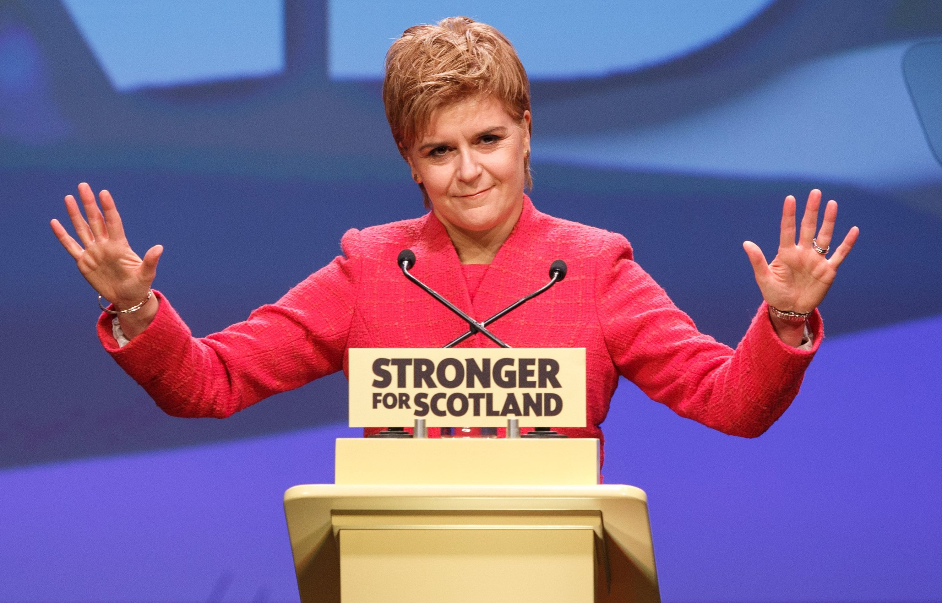 epa05856565 Scotland's First Minister and the leader of the Scottish National Party, Nicola Sturgeon, addresses the audience at the Scottish National Party Spring Conference in the Aberdeen Exhibition and Conference Centre (AECC) in Aberdeen, Scotland 18 March 2017. Reports state that Nicola Sturgeon promised the conference that there will be an independence referendum.  EPA/ROBERT PERRY