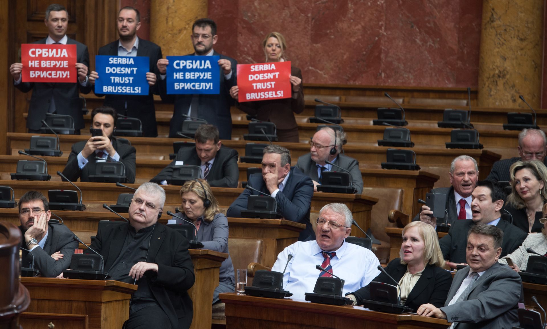 03.03.2017., Beograd, Srbija - Visoka predstavnica EU za vanjsku politiku i sigurnost Federica Mogherini govorila je u Skupstini Srbije o eurointegracijama, dok su tijekom njenog govora poslanici Srpske Radikalne Stranke (SRS) skandirali "Srbija Rusija, ne treba nam Unija". Vojislav Seselj. 
Photo: Srdjan Ilic/PIXSELL
