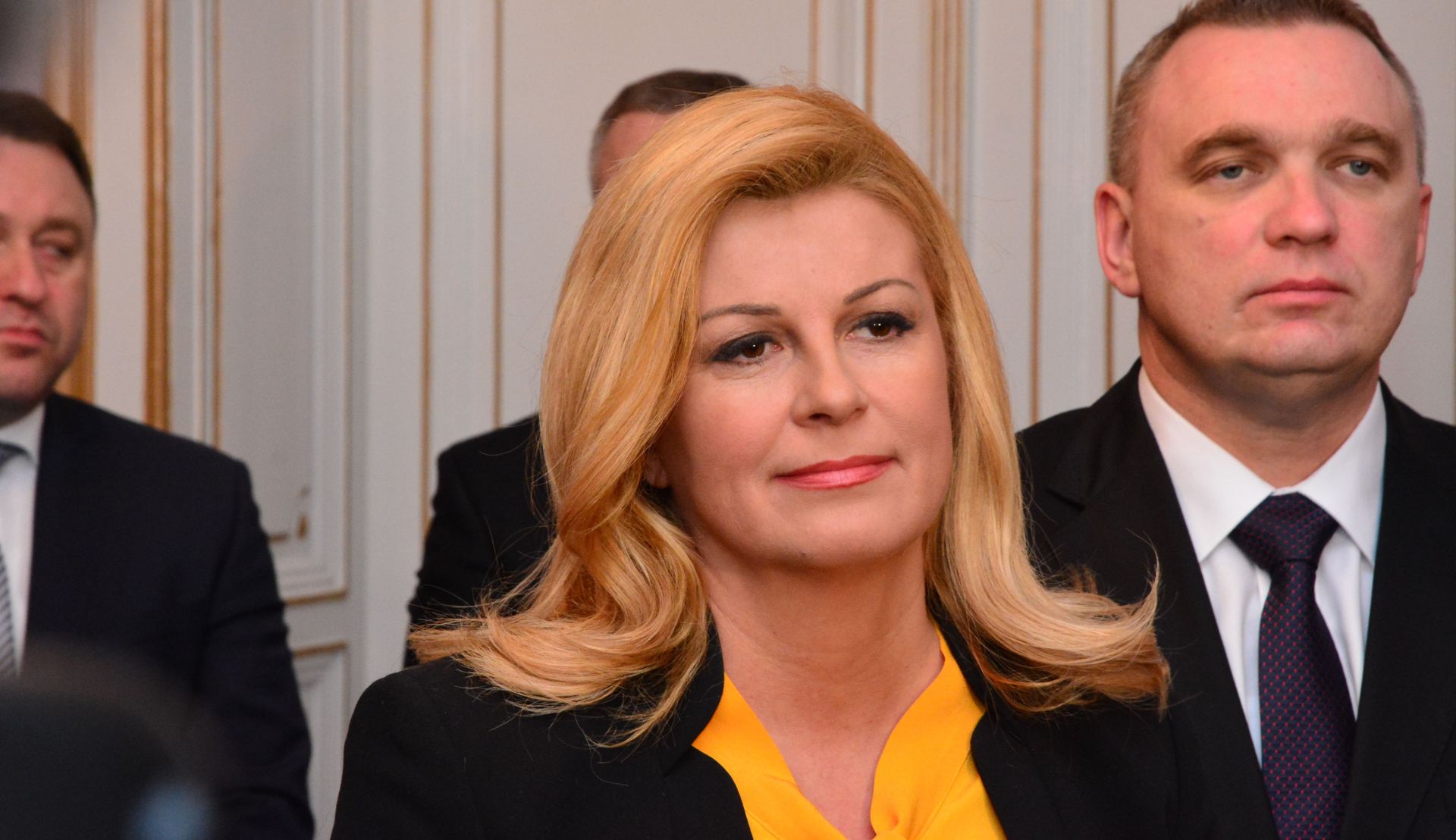 28.02.2017., Pozega - Predsjednica Republike Hrvatske Kolinda Grabar Kitarovic nakon sastanka s celnicima zupanije i grada  dala je izjavu za novinare.
Photo: Ivica Galovic/PIXSELL