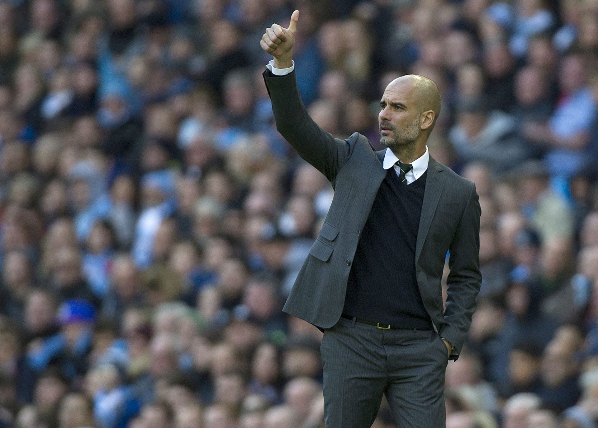 epa05599200 Manchester City manager Pep Guardiola reacts during the English Premier League soccer match between Manchester United and Southampton at the Etihad Stadium in Manchester, Britain, 23 October 2016.  EPA/PETER POWELL EDITORIAL USE ONLY. No use with unauthorized audio, video, data, fixture lists, club/league logos or 'live' services. Online in-match use limited to 75 images, no video emulation. No use in betting, games or single club/league/player publications.