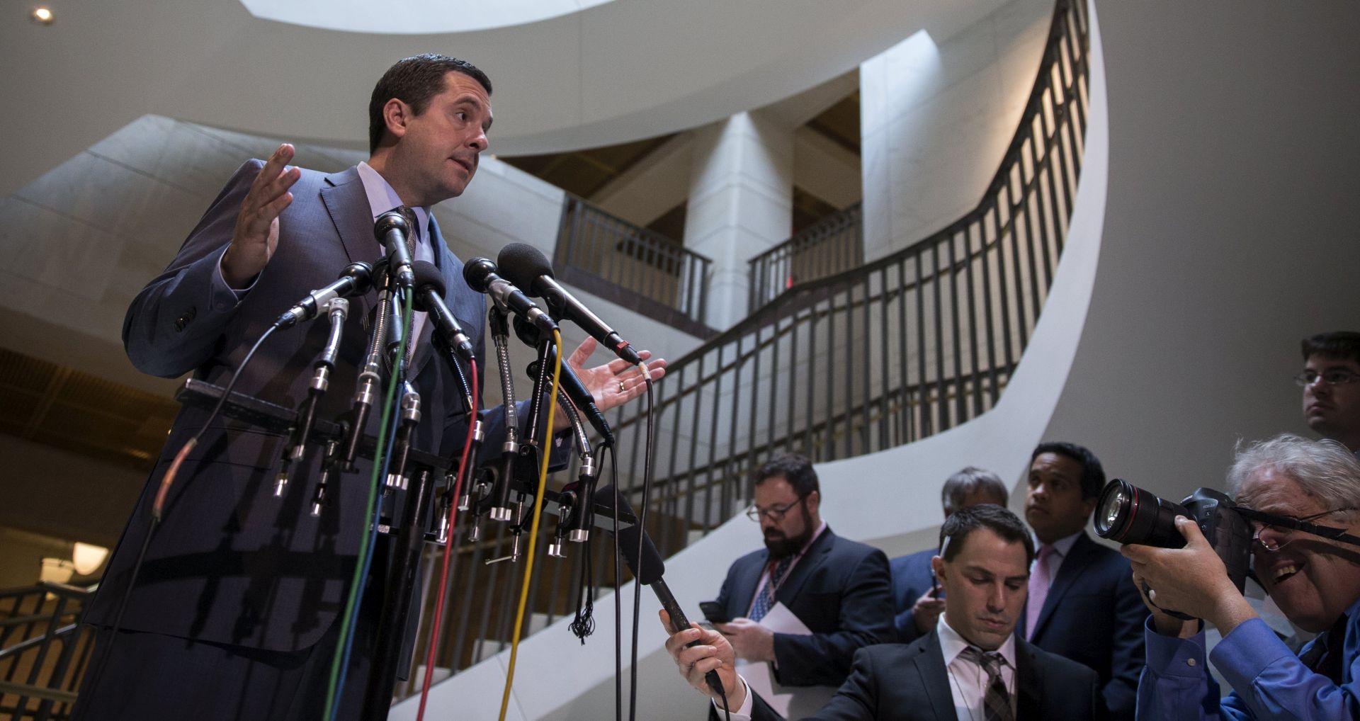 epa05835341 House Permanent Select Committee on Intelligence Chairman Devin Nunes responds to a question from the news media during a press conference in the US Capitol in Washington, DC, USA, 07 March 2017. Chairman Nunes announced a 20 March date for the Committee's Russia investigation hearing.  EPA/SHAWN THEW