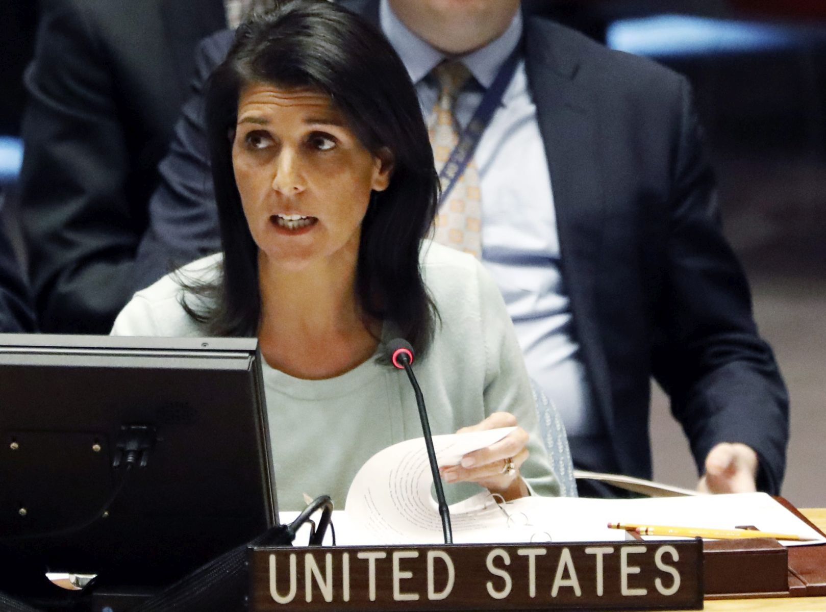 epa05767541 The new US Ambassador to the United Nations Nikki Haley, waits to address a Security Council on the situation in Ukraine at United Nations headquarters in New York, New York, USA, 02 February 2017.  EPA/JASON SZENES