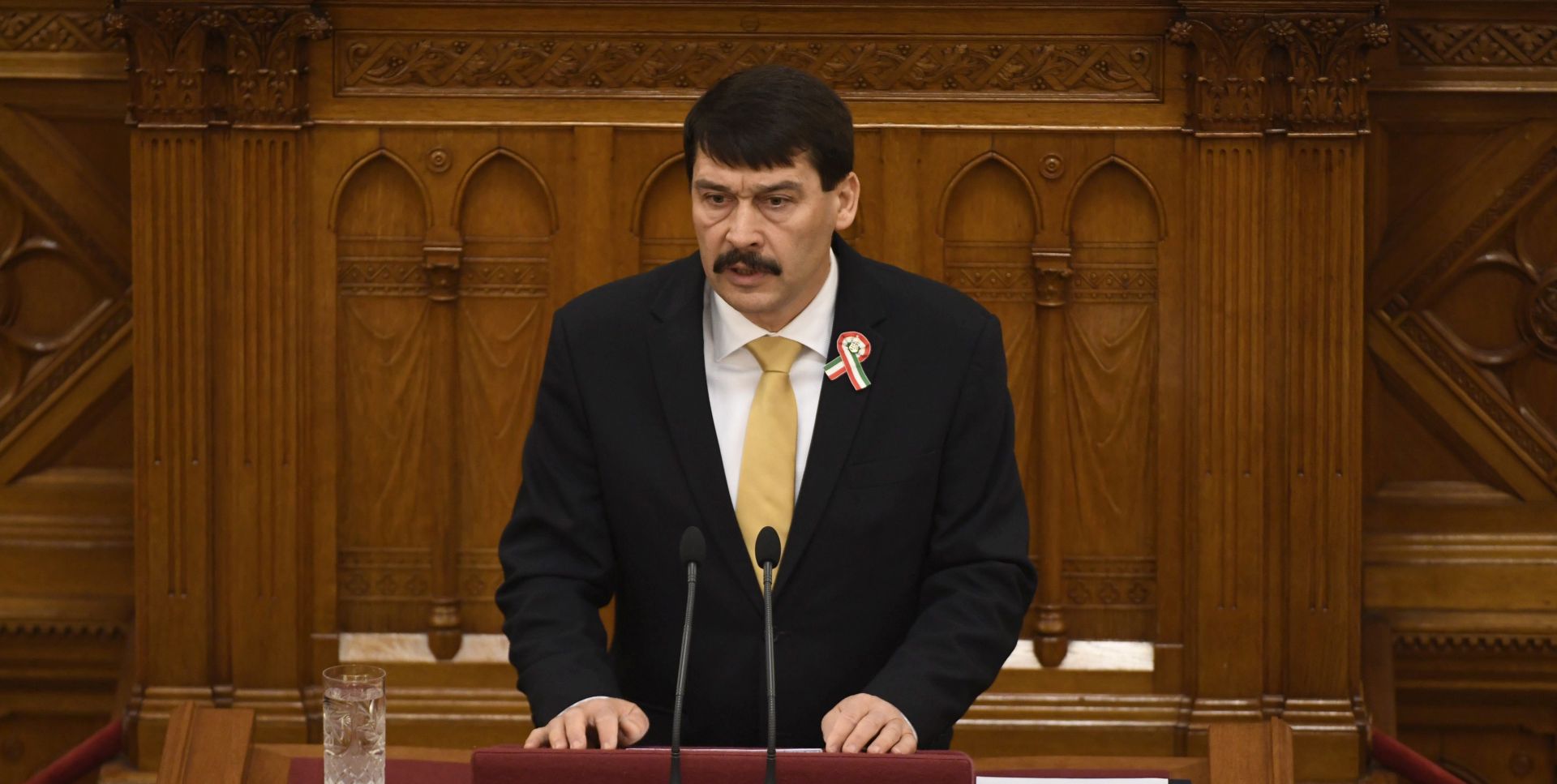 epa05845457 Hungarian President Janos Ader delivers his speech during the plenary session of the unicameral Hungarian Parliament in Budapest, Hungary, 13 March 2017, when the deputies elect the President of Hungary for the next term of five years. Janos Ader is up against the candidate of the opposition coalition Laszlo Majtenyi for the post.  EPA/ZOLTAN MATHE HUNGARY OUT
