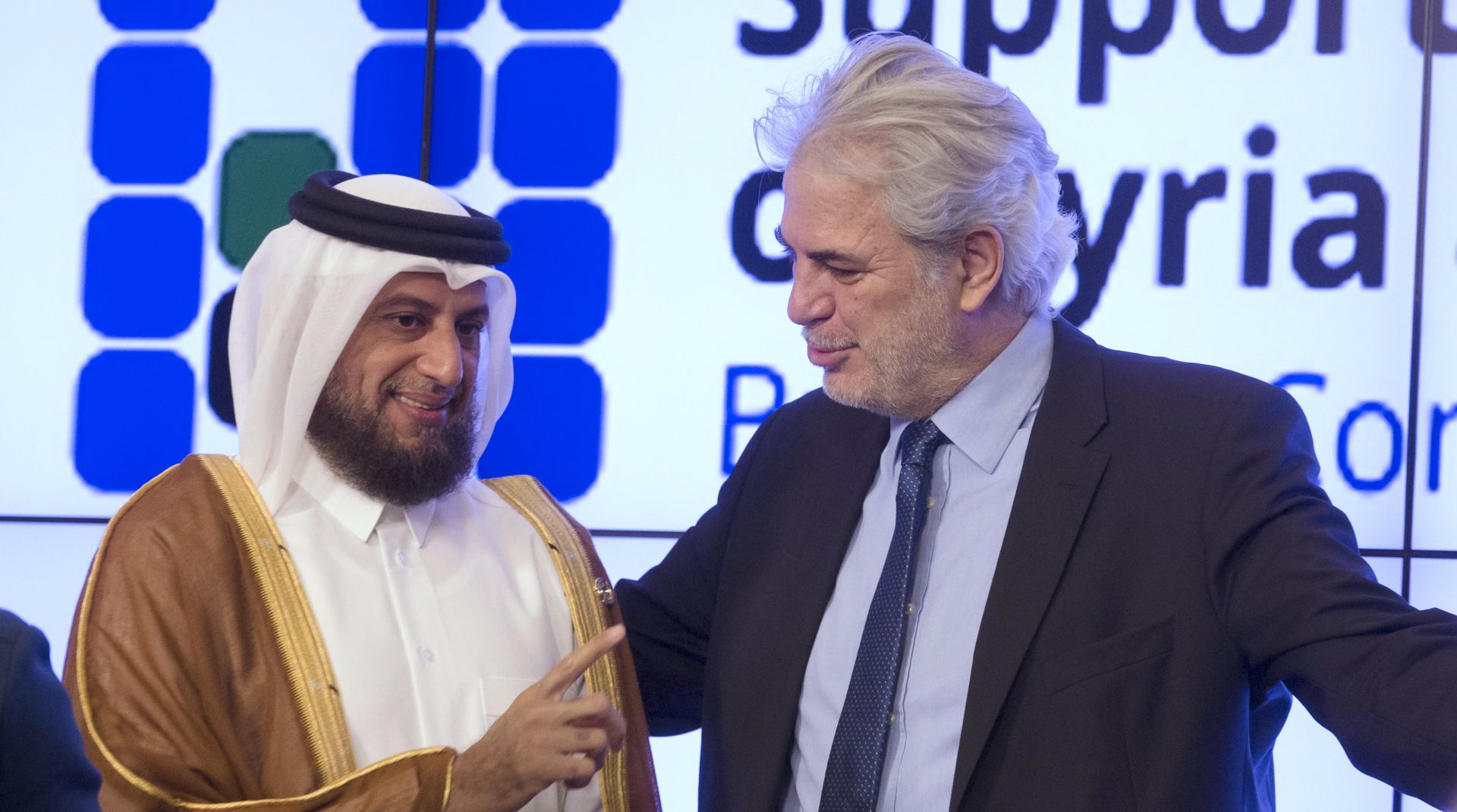 epa05887028 EU commissioner for humanitarian aid and crisis management Christos Stylianides (L) and UN Humanitarian Envoy Ahmed Al Meraikhi of Qatar, open the 'Supporting the future of Syria and the region' conference in Brussels, Belgium, 04 April 2017. The two-day event will be attended by ministerial representatives from 70 delegations, from the EU, the wider international community, the United Nations, major donors and civil society, humanitarian and development organisations. The conference is held to address the situation in Syria and the impact of the crisis in the region.  EPA/OLIVIER HOSLET