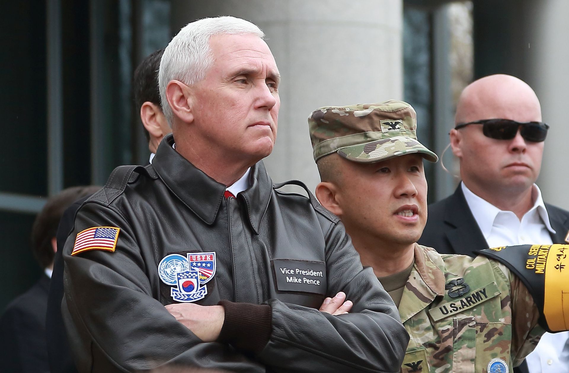 epa05911918 US Vice President Mike Pence (L) visits the truce village of Panmunjom, on the inter-Korean border, South Korea, 17 April 2017. US Vice President Mike Pence is in South Korea on a three-day visit amid tensions over nuclear issues in the Korean Peninsula.  EPA/YONHAP / POOL SOUTH KOREA OUT