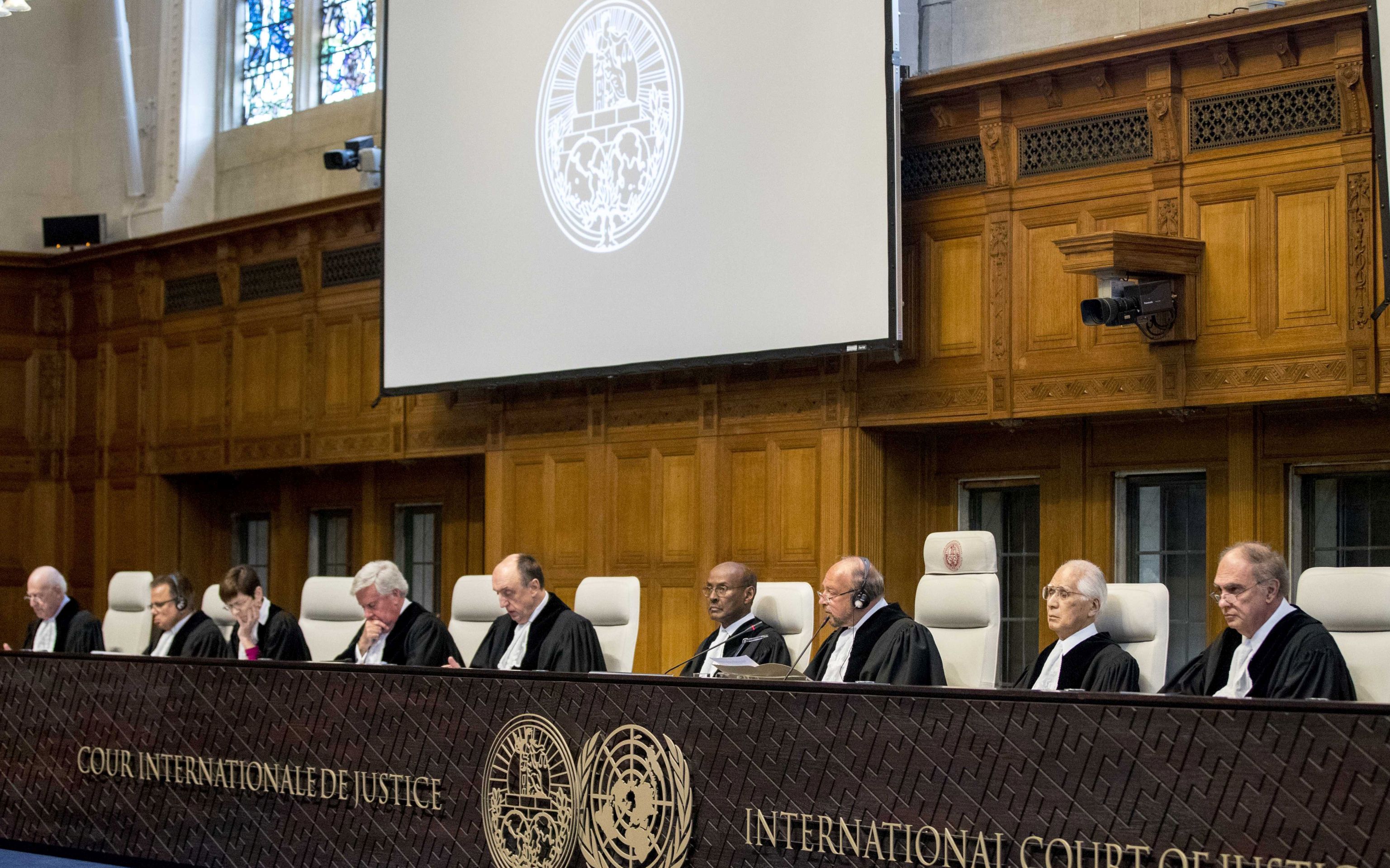 epa05915424 Judges presiding in the ruling of the International Court of Justice on Ukraines request for emergency order to stop Russia financing, supporting, and arming rebels in the East, during the ICJ session in The Hague, Netherlands, 19 April 2017.  EPA/JERRY LAMPEN