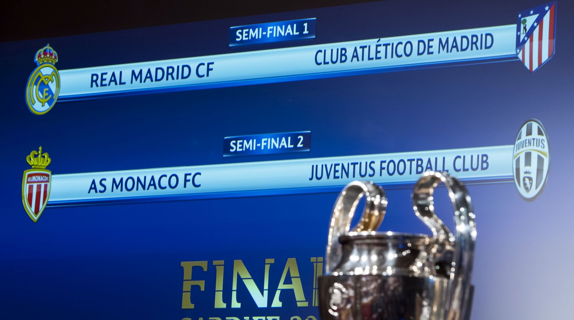 epa05918894 The match fixtures are shown on an electronic panel following the semi-final draw of the UEFA Champions League 2016/17, at the UEFA Headquarters, in Nyon, Switzerland,  21 April 2017.  EPA/JEAN-CHRISTOPHE BOTT