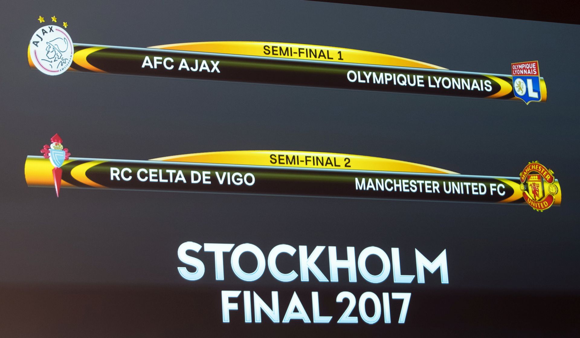 epa05918980 The match fixtures are shown on an electronic panel following the semi-final draw of the UEFA Europa League 2016/17, at the UEFA Headquarters, in Nyon, Switzerland, 21 April 2017.  EPA/JEAN-CHRISTOPHE BOTT