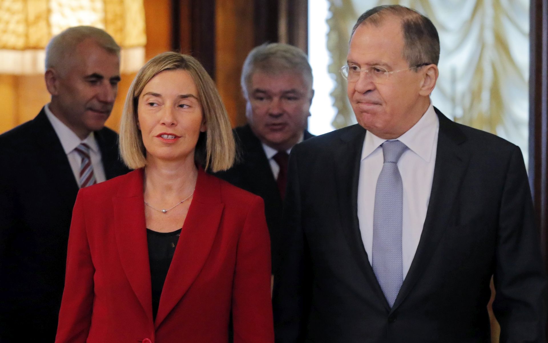 epa05924870 EU High Representative for Foreign Affairs and Security Policy Federica Mogherini (L) meets with Russian Foreign Minister Sergei Lavrov at the Russian Foreign Ministry guest house in Moscow, Russia, 24 April 2017.  EPA/YURI KOCHETKOV