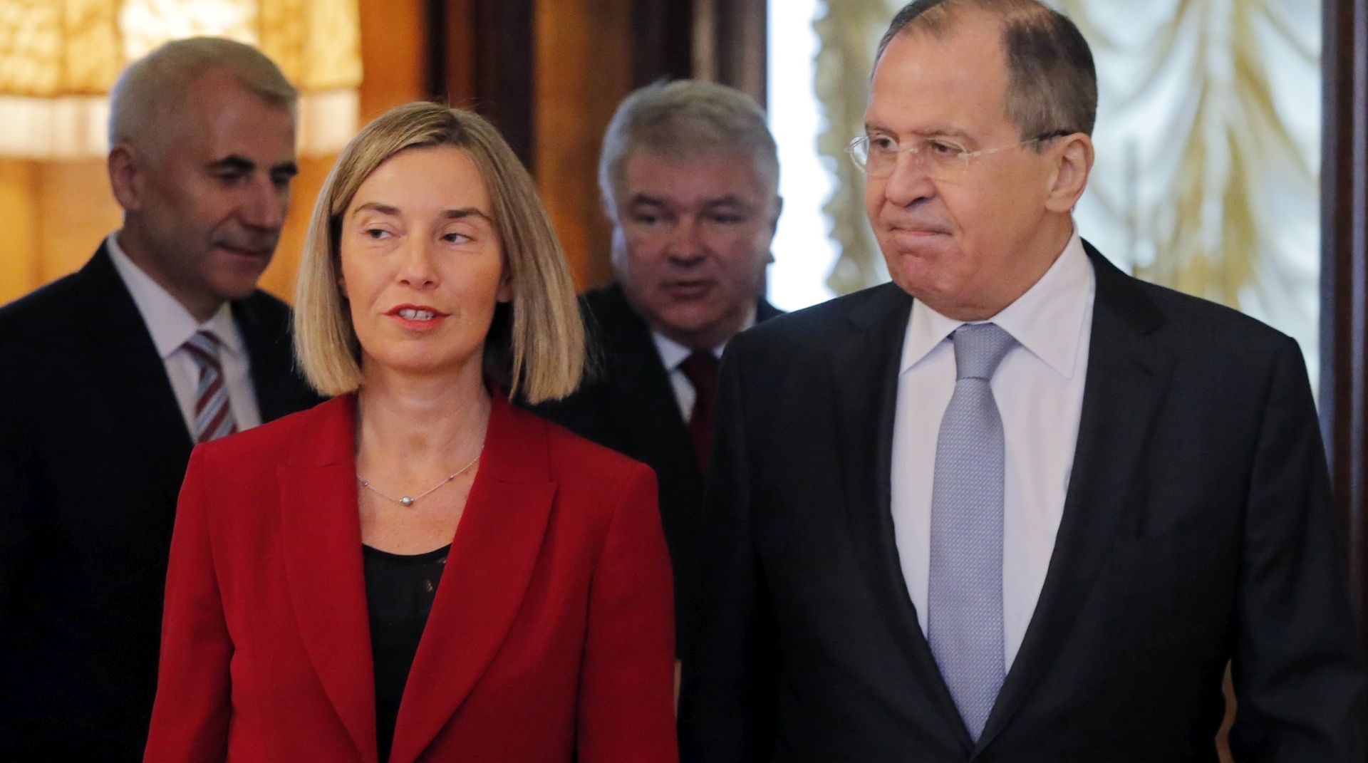 epa05924870 EU High Representative for Foreign Affairs and Security Policy Federica Mogherini (L) meets with Russian Foreign Minister Sergei Lavrov at the Russian Foreign Ministry guest house in Moscow, Russia, 24 April 2017.  EPA/YURI KOCHETKOV