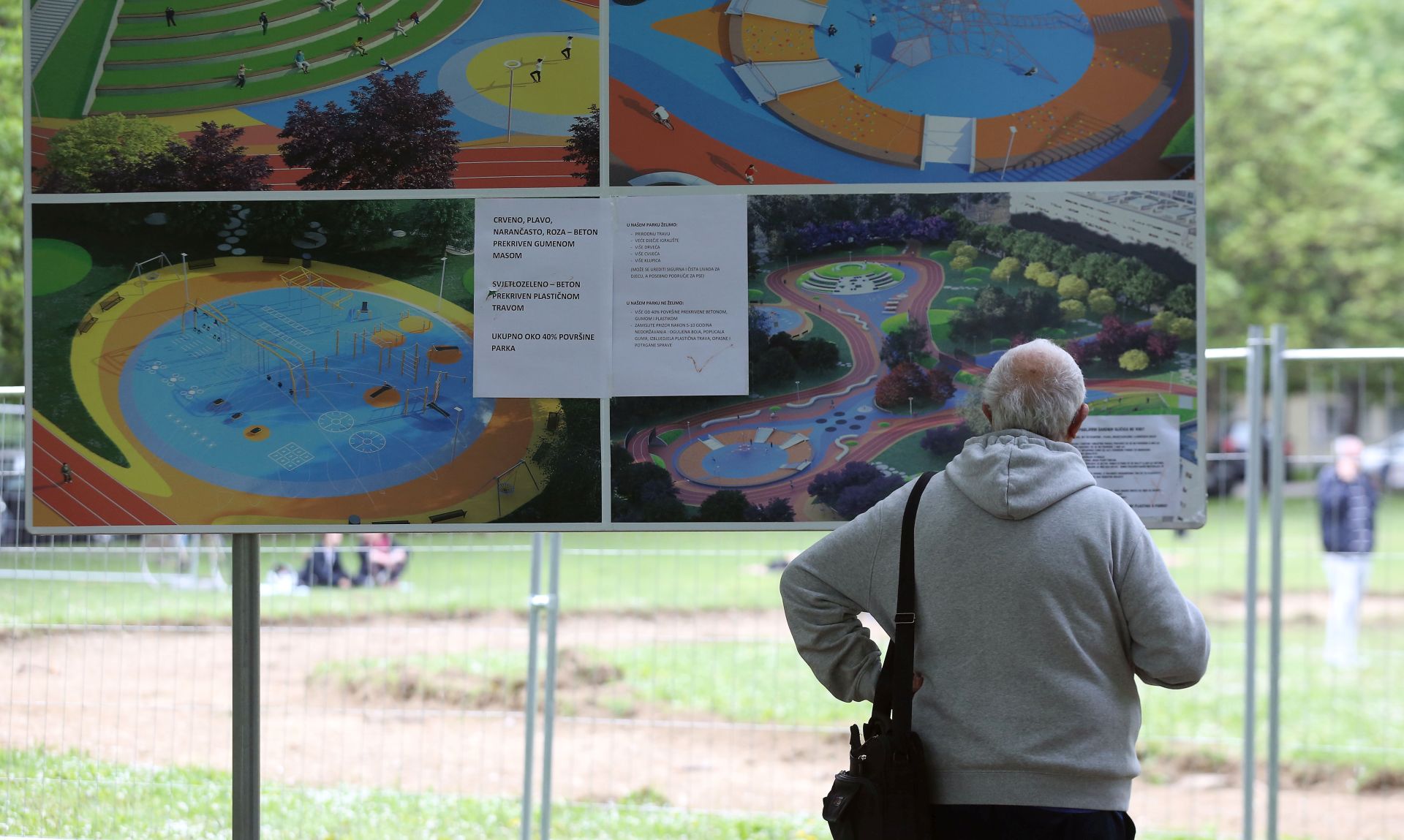Zagreb, 24.04.2017 - Èlanovi inicijative "Èuvamo na park" od ponedjeljka ujutro deuraju na junom dijelu parka Trnjanska Savica i ne doputaju djelatnicima Zrinjevca ulazak u park gdje bi trebali postaviti graðevinske ograde za gradnju novog parka. Na fotografiji graðanin u parku.
foto HINA / Denis CERIÆ /dc