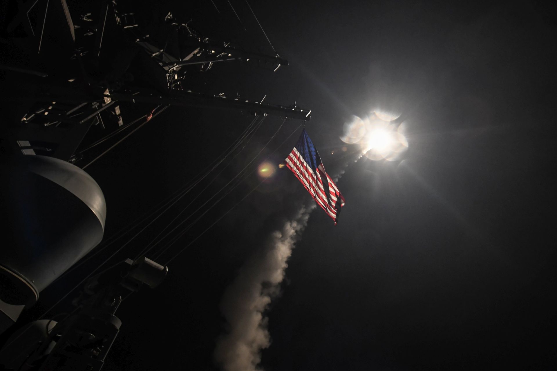epa05893608 A handout photo made available by the US Navy Office of Information shows the guided-missile destroyer USS Porter (DDG 78) conducting strike operations while in the Mediterranean Sea, 07 April 2017. According to media reports on 07 April 2017, the United States military launched at least 50 tomahawk cruise missiles at al-Shayrat military airfield near Homs, Syria, in response to the Syrian military's alleged use of chemical weapons in an airstrike in a rebel held area in Idlib province on 04 April.  EPA/SEAMAN FORD WILLIAMS / HANDOUT  HANDOUT EDITORIAL USE ONLY/NO SALES