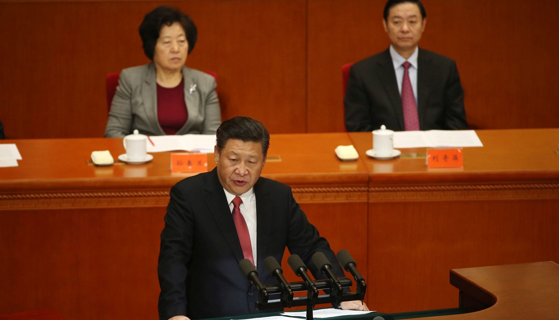 epa05626187 Chinese President Xi Jinping (front) delivers his speech during a celebration of the 150th birth anniversary of Dr Sun Yat-Sen at the Great Hall of the People in Beijing, China, 11 November 2016. China celebrates on 11 November 2016 the 150th birth anniversary of Dr Sun Yat-Sen, founding father of the Republic of China.  EPA/HOW HWEE YOUNG