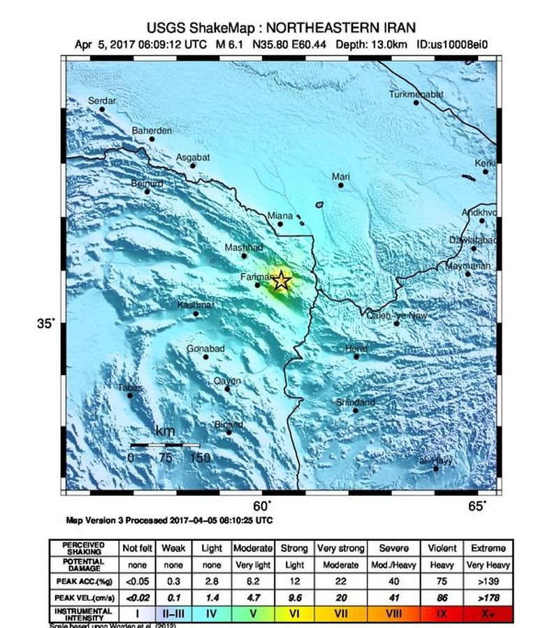 epa05889309 A handout photo made available by the United States Geological Survey (USGS) shows the location of a 6.1 magnitude earthquake that struck at a depth of 13 km the central and eastern parts of Khorasan Razavi province near the city of Mashhad, Iran, 05 April 2017. According to media reports, at least one person was killed in the earthquake that was reportedly felt in Mashad and caused disruptions in the telephone network of the city.  EPA/UNITED STATES GEOLOGICAL SURVEY HANDOUT  HANDOUT EDITORIAL USE ONLY/NO SALES