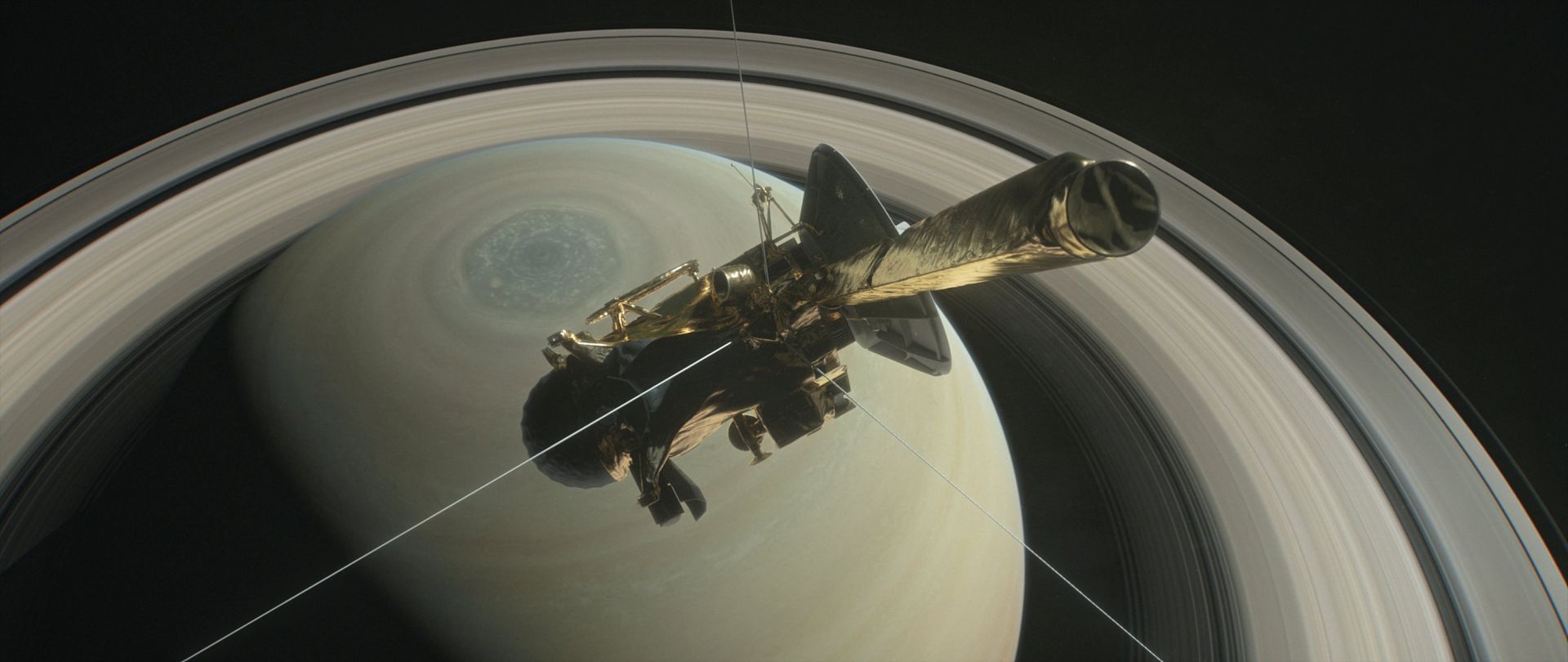 epa05928282 (FILE) - An undated handout photo made available by NASA shows an illustration of NASA's Cassini spacecraft above Saturn's northern hemisphere prior to one of its 22 grand finale dives, in Space (reissued 26 April 2017). On 26 April 2017, the spacecraft will make the first in a series of 22 dives through the 2,400km gap between Saturn and its rings as part of its mission's grand finale.  The spacecraft will then end its expedition on 15 September 2017, with a final plunge into the gas giant. The operation aims at gaining insights into the planet's structure and atmosphere as well as at capturing views of its inner rings. NASA's Cassini spacecraft is in orbit around Saturn since 2004.  EPA/NASA/JPL-Caltech HANDOUT  HANDOUT EDITORIAL USE ONLY/NO SALES
