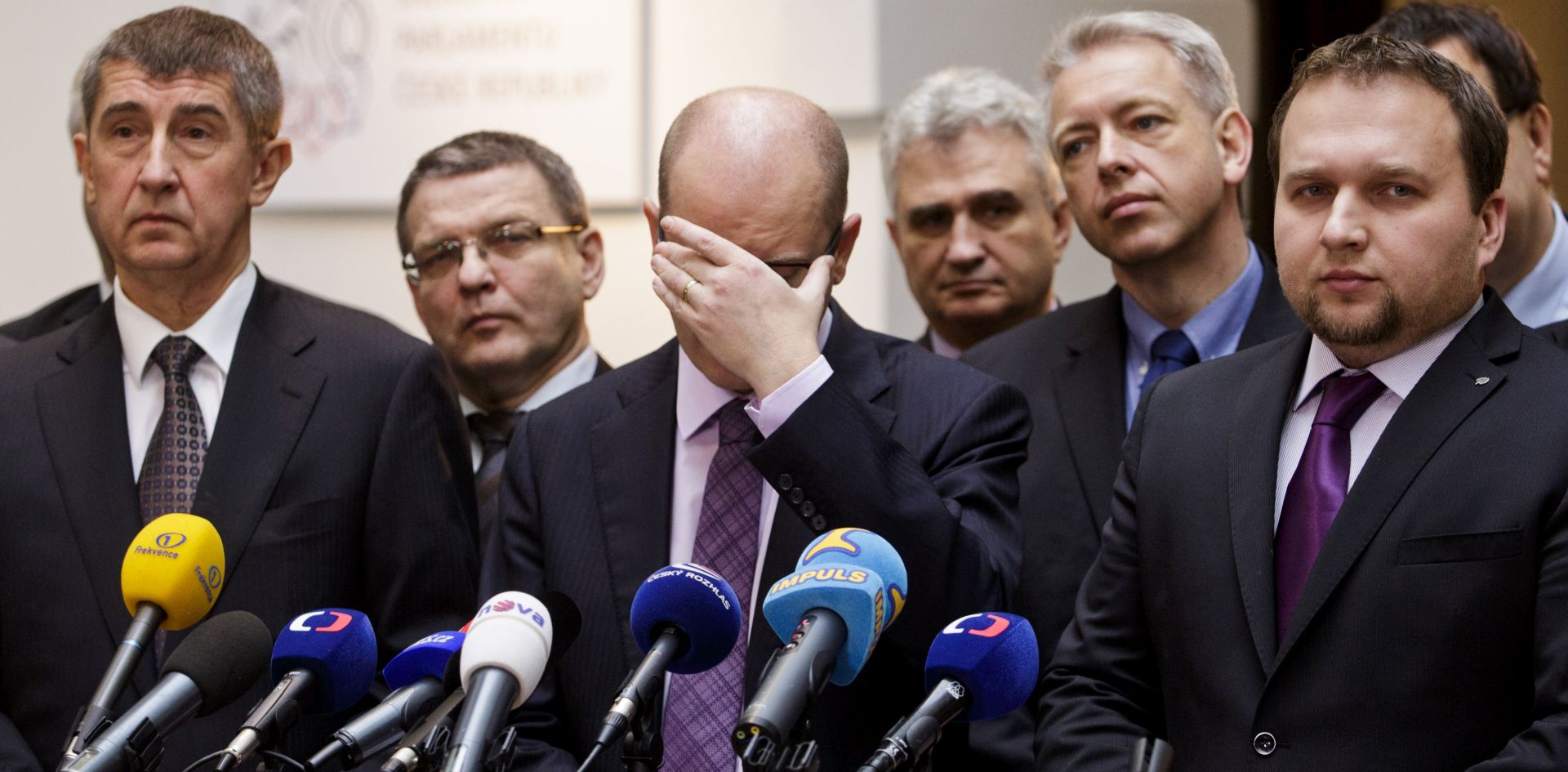 epa05940490 (FILE) - A file photograph dated 13 December 2013 shows Czech Social Democrats Party (CSSD) leader Bohuslav Sobotka (C), Christian Democrat party (KDU-CSL) vice-chairman Marian Jurecka (R) and leader of the ANO movement Andrej Babis (L) addressing a press conference after negotiation about a coalition agreement at the Czech Parliament in Prague. Reports on 02 May 2017 state that Sobotka spoke during a press conference addressing issues related to his opponent, Finance Minister Andrej Babis, and announced that he will submit the resignation of his cabinet.  EPA/MARTIN DIVISEK