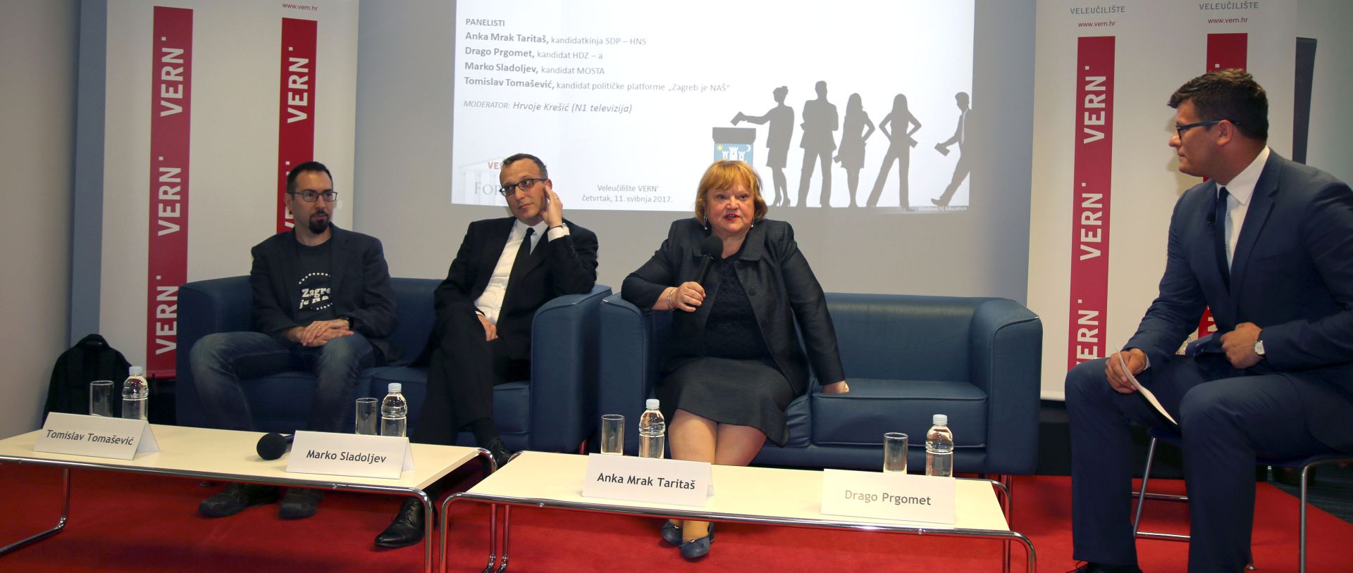 Zagreb, 11.05.2017. - Panel diskusija na Veleuèilitu VERN' Lokalni izbori za Grad Zagreb  tko æe upravljati sa 7 milijardi kuna? O gradskim temama te planovima i idejama za razvoj Grada Zagreba govorili su kandidati za gradonaèelnièku poziciju Anka Mrak Tarita (D), kandidatkinja SDPHNS-a, Marko Sladoljev (S), kandidat Mosta, Tomislav Tomaeviæ (L), kandidat platforme Zagreb je NA!. Na fotografiji Hrvoje Kreiæ (DD). foto HINA /Zvonimir KUHTIÆ/ zk