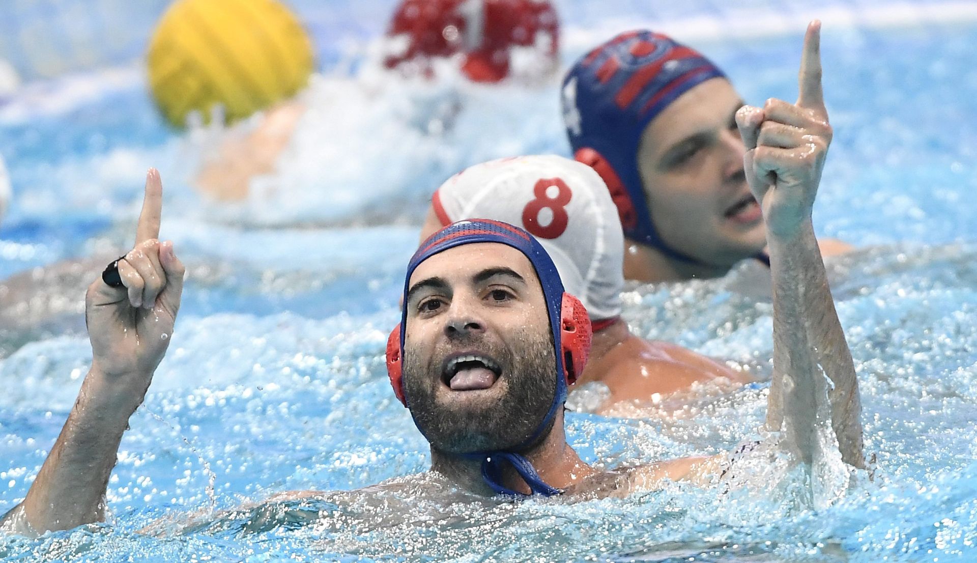 epa05990347 Javier Garcia Gadea of Jug Dubrovnik of Croatia (C) reacts after scoring against Greek team Olympiacos during their men's water polo Champions' League Final Six match in Duna Arena in Budapest, Hungary, 25 May 2017. Jug Dubrovnik won 11-8.  EPA/Tamas Kovacs HUNGARY OUT