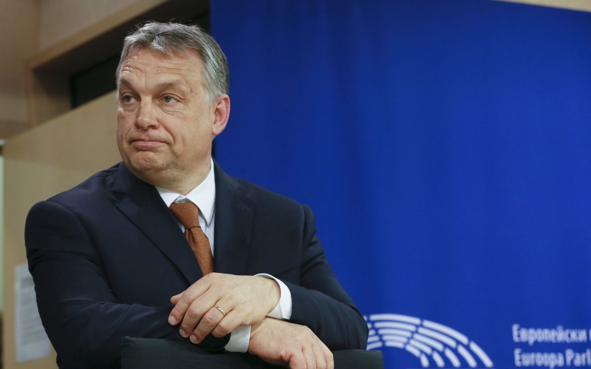 epa05929118 Hungarian Prime Minister Viktor Orban gives a press briefing after a hearing at the plenary session of the European parliament in Brussels, Belgium, 26 April 2016. Session will focus on the situation in Hungary, including legislative measures that could force the closure of the Central European University in Budapest.  EPA/OLIVIER HOSLET