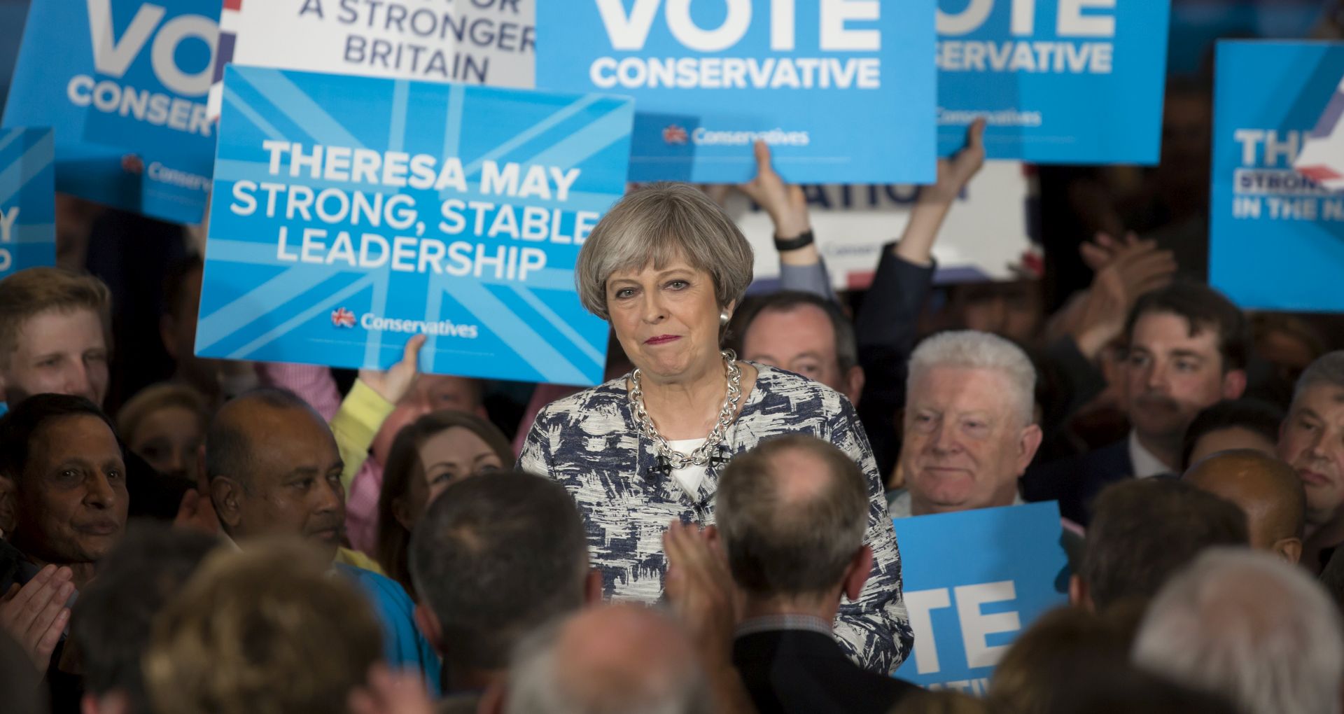 epa06015501 British Prime Minister and leader of the British Conservative Party Theresa May speaks to supporters at a Conservative campaign event for the British General Election, at the National Conference Centre in Birmingham, central England, 07 June 2017. The British General Election is to be held on 08 June 2017.  EPA/JON SUPER