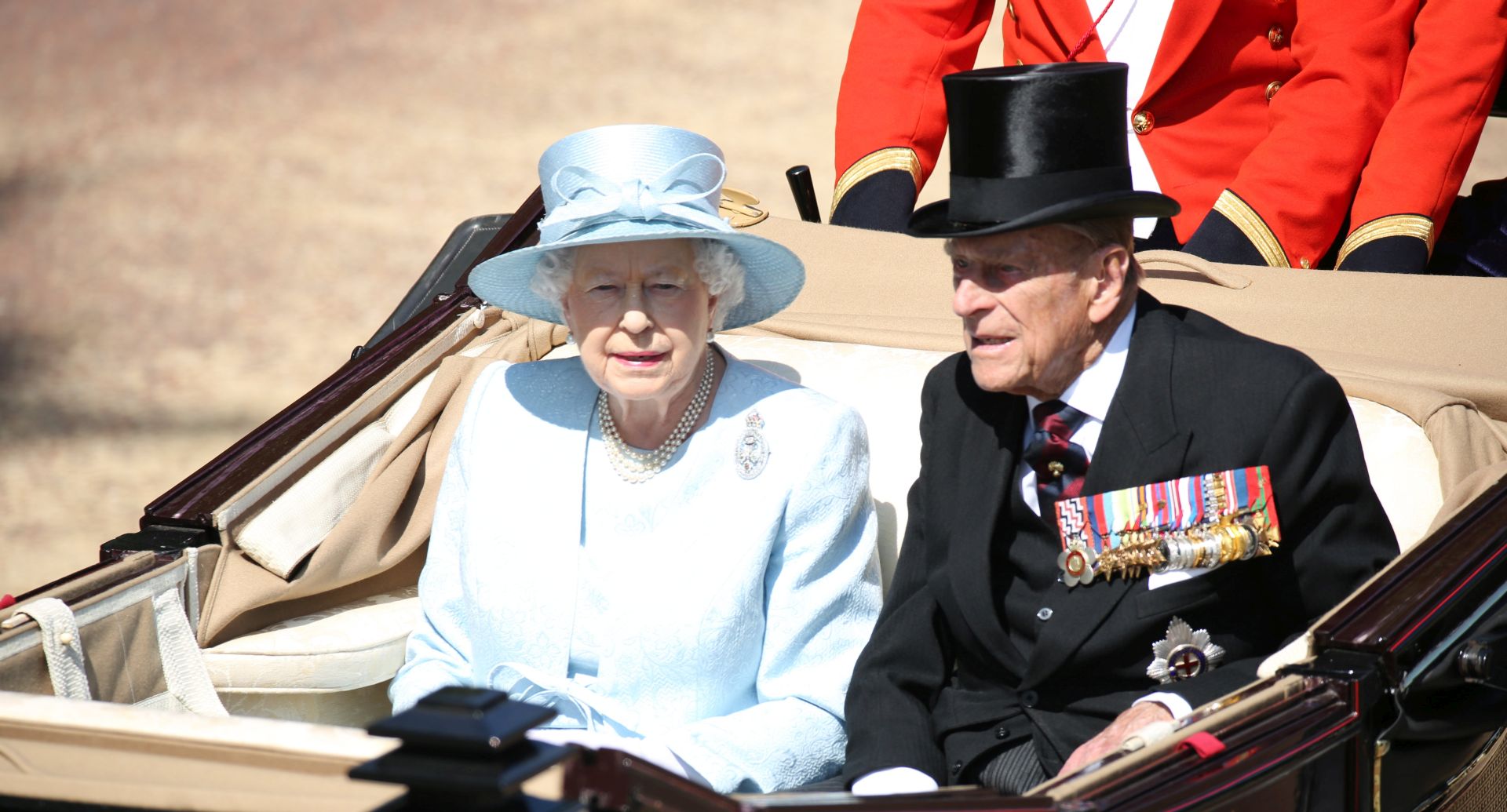 epa06032774 A handout photo made available by the British Ministry of Defence (MOD) showing the Queen Elizabeth II and Prince Philipp, Duke of Edinburgh during the Trooping of the Color Queen's 91st birthday parade on Horse Guards Parade, in central London, Britain, 17 June 2017. The annual official Queen's Birthday Parade, more popularly known as Trooping the Color, when the Queen's Color is 'Trooped' in front of Her Majesty and all the Royal Colonels.  EPA/PO(Phot)Owen Cooban / BRITISH MINISTRY OF DEFENCE  /HANDOUT MANDATORY CREDIT MOD: CROWN COPYRIGHT HANDOUT EDITORIAL USE ONLY/NO SALES