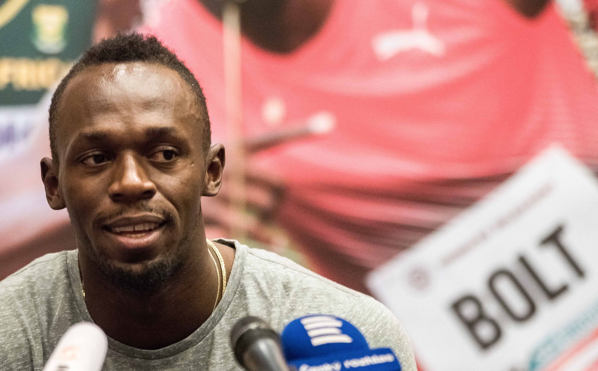 epa06051452 Jamaican sprinter Usain Bolt speaks at a press conference prior the IAAF World challenge Golden Spike athletics meeting in Ostrava, Czech Republic, 26 June 2017. The Golden Spike meeting will take place in Ostrava on 27 and 28 June 2017.  EPA/LUKAS KABON