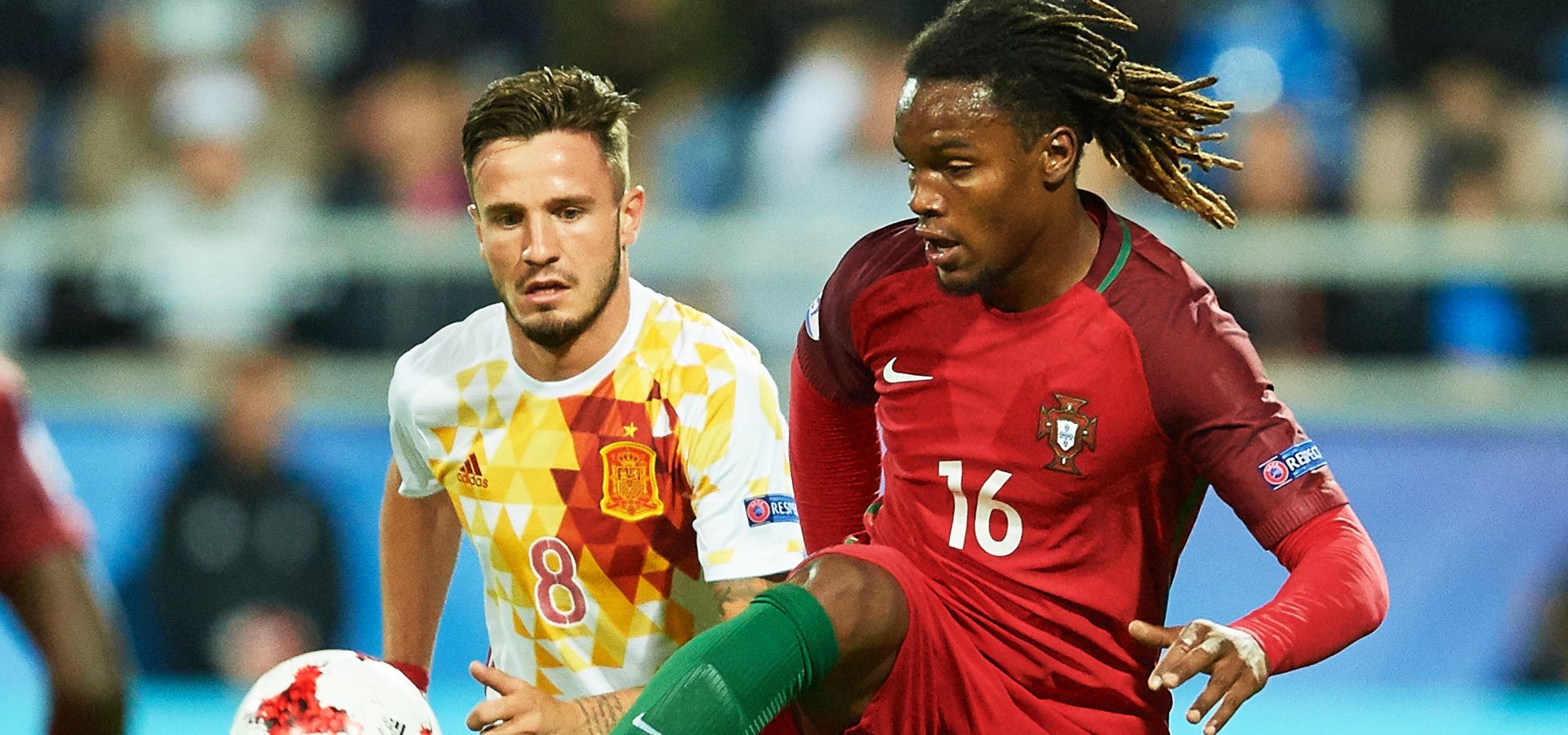 epa06039915 Portugal's Renato Sanchez (R) in action against Spain's Saul Niguez (L) during the UEFA European Under-21 Soccer Championship group B match between Portugal and Spain in Gdynia, Poland, 20 June 2017.  EPA/ADAM WARZAWA POLAND OUT
