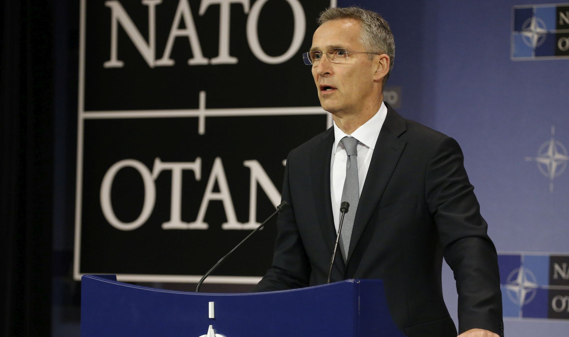 epa06056250 NATO Secretary General Jens Stoltenberg holds a news conference during the NATO defense ministers meeting at NATO headquarters in Brussels, Belgium, 29 June 2017. NATO defense ministers meet on 29 June 2017 to discuss, among other issues, the situation in Afghanistan and defense spending.  EPA/JULIEN WARNAND