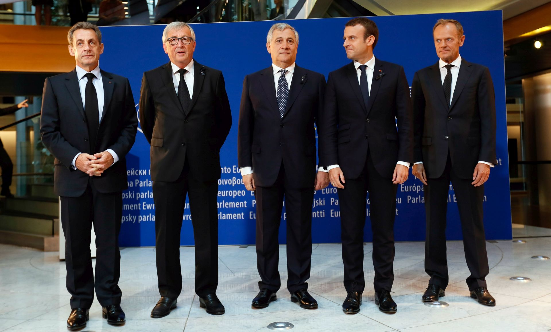 epa06059351 Former French President Nicolas Sarkozy (L), EU commission President Jean-Claude Juncker (2-L) , European Parliament President Antonio Tajani (C), French President Emmanuel Macron (2-R) and European Council President Donald Tusk (R) pose for family picture prior the European ceremony in honour for the late former German Chancellor Helmut Kohl in the European Parliament in Strasbourg, France, 01 July 2017. Kohl, widely regarded as the father of German reunification in 1990, died on 16 June 2017 at his home in Ludwighshafen, Germany. He was the sixth chancellor of the Federal Republic of Germany from 1982 to 1998.  EPA/MATHIEU CUGNOT