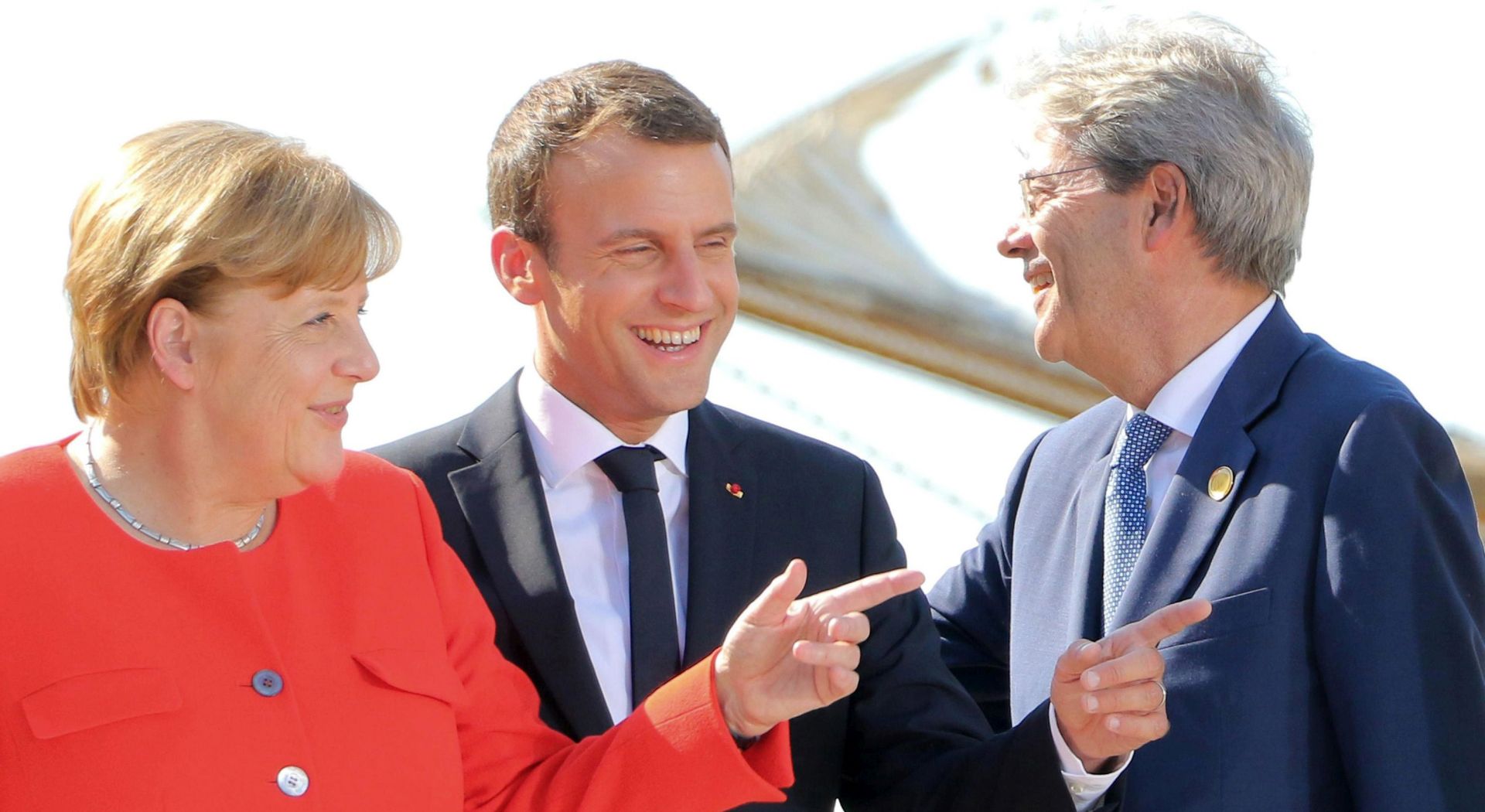 epa06083424 German Chancellor Angela Merkel (L), French President Emmanuel Macron (C) and Italian Prime Minister Paolo Gentiloni (R) aboard the Italian Navy school ship 'Goletta Palinuro', for a press conference on the sidelines of the Western Balkans summit in Trieste, Italy, 12 July 2017. Heads of government, foreign ministers and economic ministers of the Balkans and EU members states are attending the meeting which is expected to include laying foundations for a common Balkan market and increased regional cooperation.  EPA/ANDRE LA SORTE