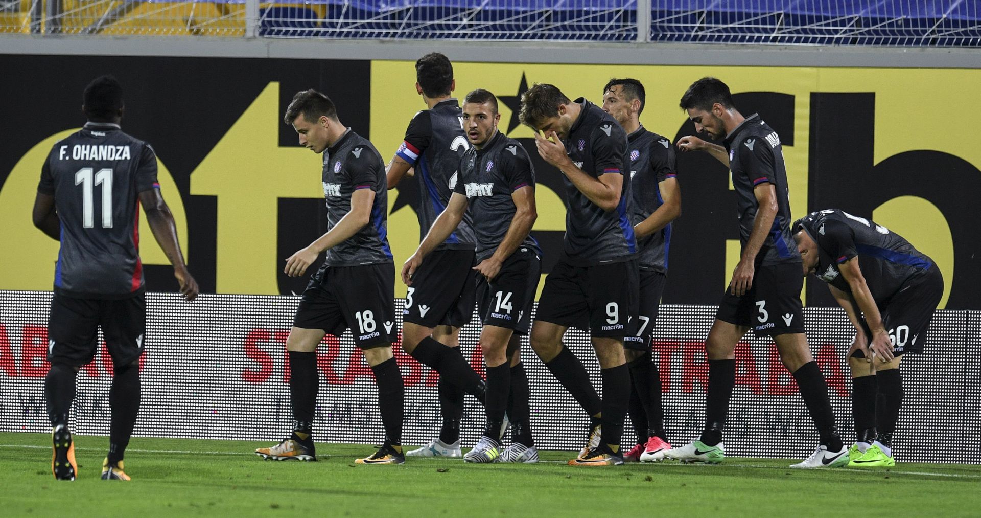 epa06099718 Players of Hajduk Split (R) celebrate their second goal against PFC Levski during the UEFA Europa League, second qualifying round  2nd leg soccer match between PFC Levski and Hajduk Split in Sofia, Bulgaria, 20 August 2017.  EPA/VASSIL DONEV
