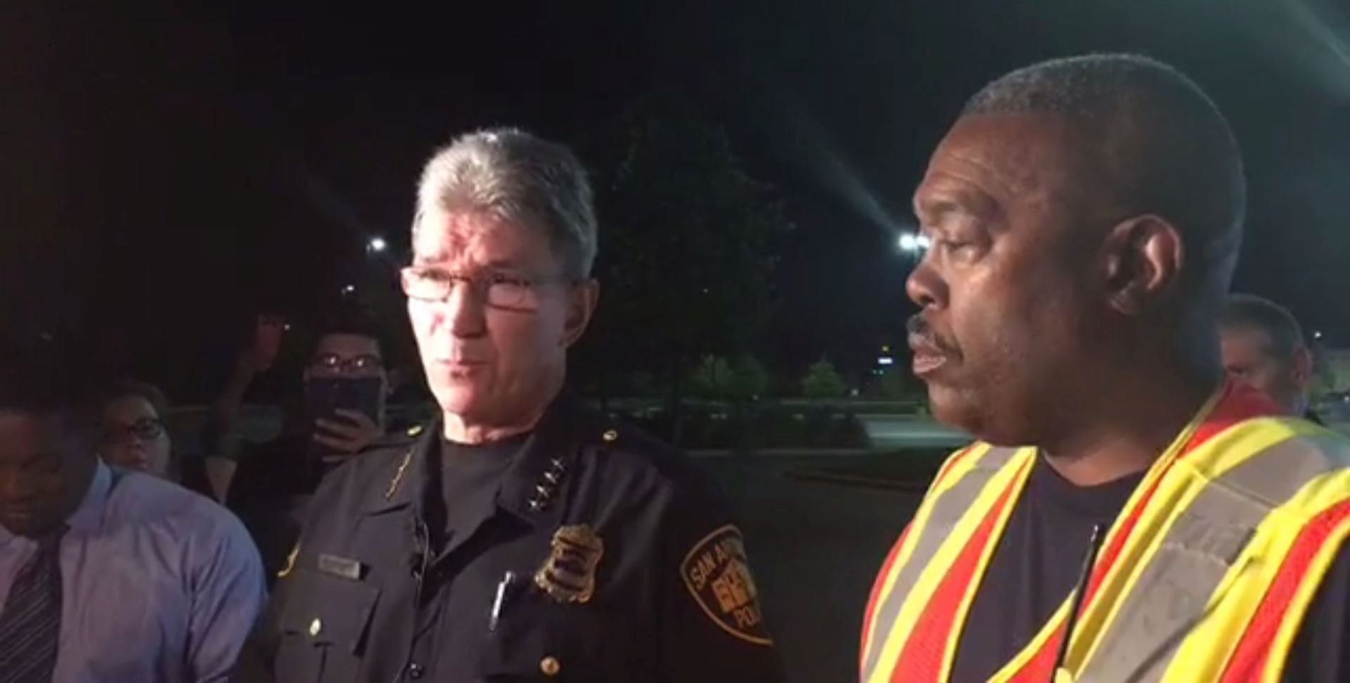 epa06104878 A frame grab taken from a video made available by the San Antonio Police Department (SAPD) shows SAPD Chief William McManus (L) and San Antonio Fire Chief Charles Hood speaking to the media about a tractor trailer cab found with multiple deceased at a Walmart Parking lot in San Antonio, Texas, USA, early 23 July 2017. According to the statement, 8 people were found dead in the back of a trailer parked at the supermarket parking lot in San Antonio, early 23 July. Several other people were brought to hospital. The cause of the deaths is currently being investigated.  EPA/SAN ANTONIO POLICE DEPARTMENT HANDOUT  HANDOUT EDITORIAL USE ONLY/NO SALES