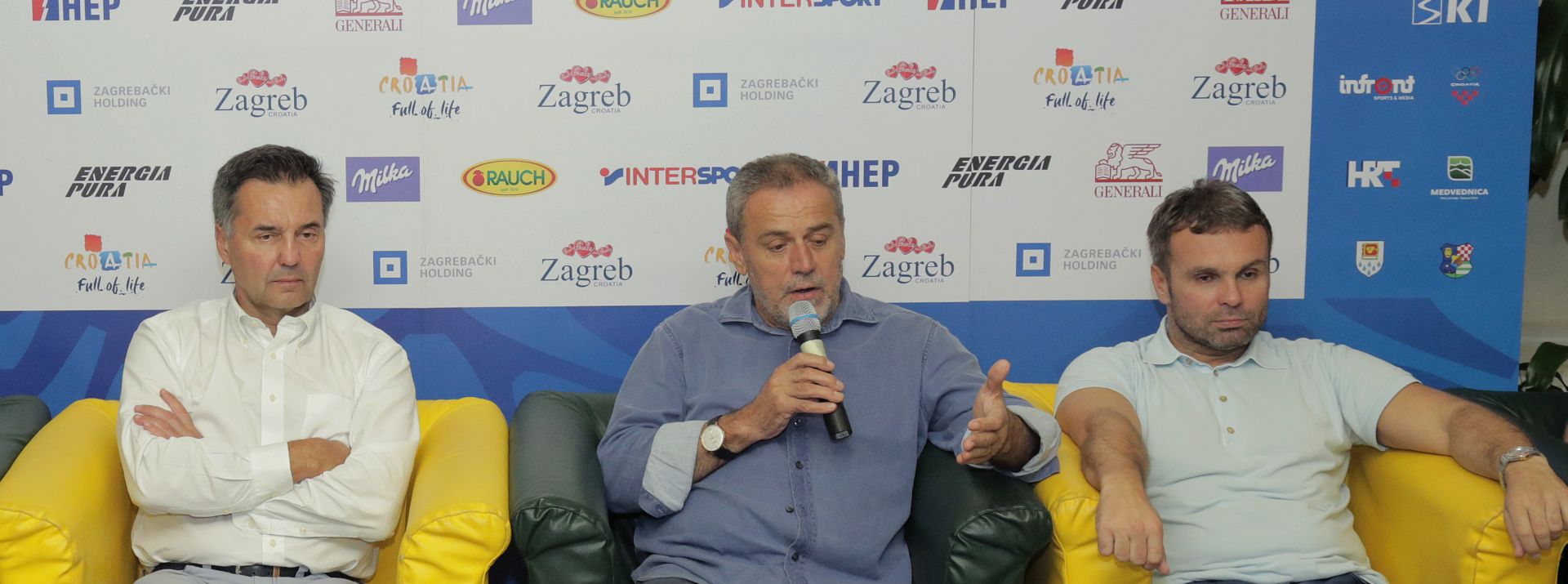 Zagreb, 24.07.2017. - Odrana je konferencija za medije Hrvatskog skijakog saveza povodom nadolazeæih utrka Audi FIS Svjetskog kupa koje æe se odrati 3. i 4. sijeènja 2018. na Sljemenu.Na slici Emmanuel Couder,Markus Waldner,Miho Glaviæ, gradomaèelnik Milan Bandiæ i Vedran Pavlek.foto HINA/Tomislav Pavlek/tp