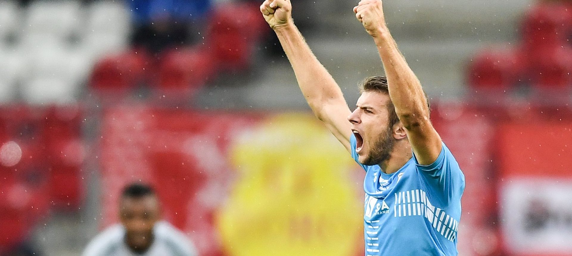 epa06110970 Stefan Ristovski of HNK Rijeka reatcs during the UEFA Champions League third qualifying round, first leg match between Salzburg and HNK Rijeka in Salzburg, Austria, 26 July 2017.  EPA/ANDREAS SCHAAD