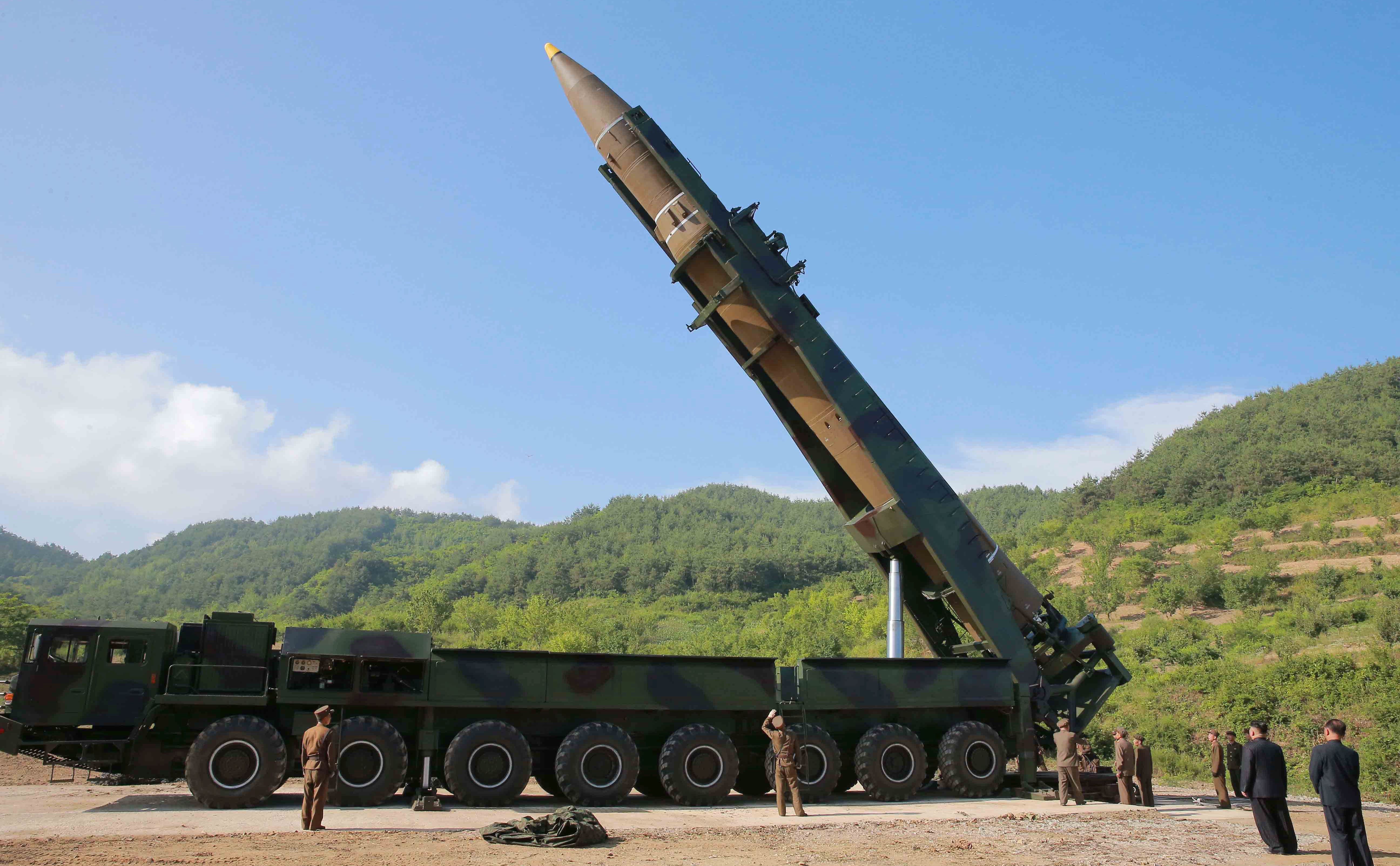 epa06114915 (FILE) - A handout photo made available by the official North Korean Central News Agency (KCNA) allegedly shows the North Korean inter-continental ballistic rocket Hwasong-14 being prepared before a test launch at an undisclosed location in North Korea, 04 July 2017. According to media reports, Japan and US Pentagon said North Korea launched a ballistic missile on 28 July 2017, believed to have landed in the Sea of Japan.  EPA/KCNA HANDOUT  HANDOUT EDITORIAL USE ONLY/NO SALES