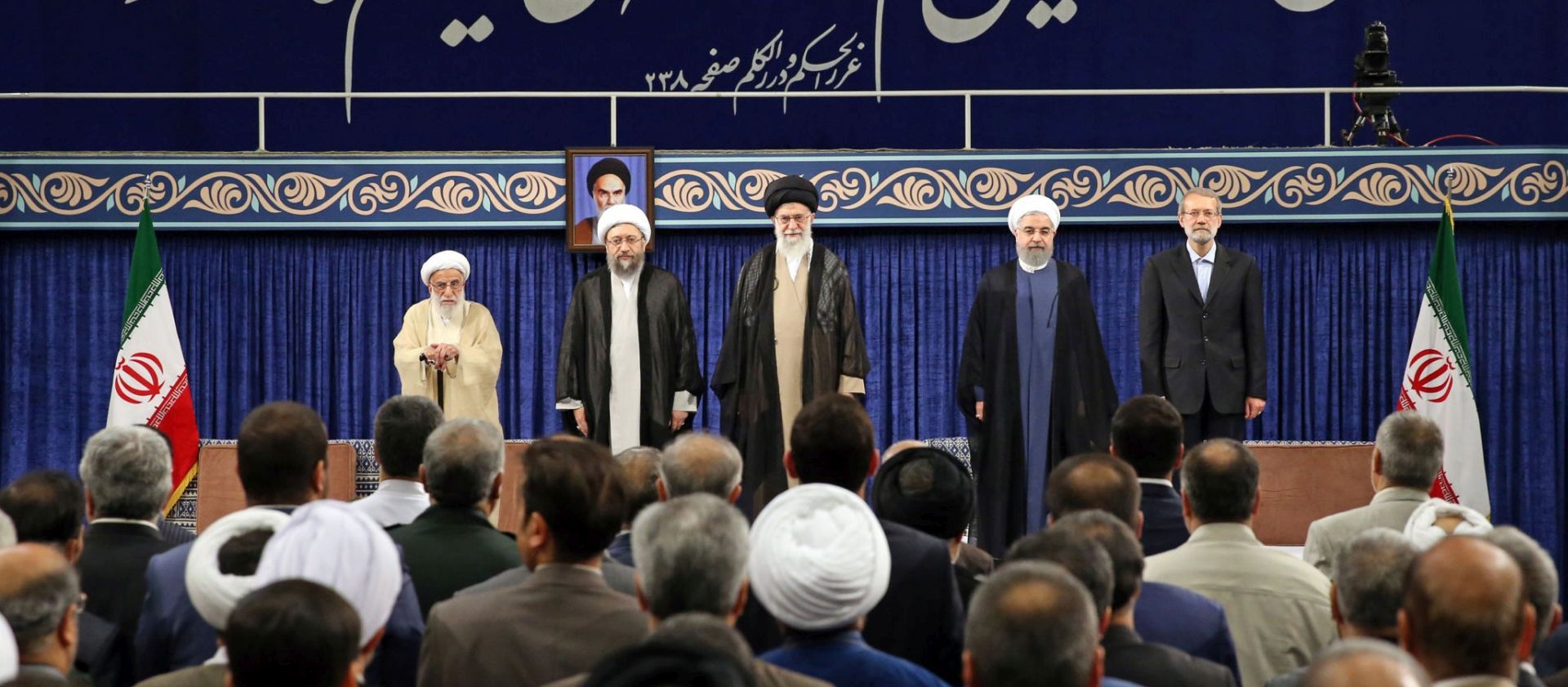 epa06122384 A handout photo made available by the Supreme leader official website shows (R-L) Iranian parliament speaker Ali Larijani, Iranian president Hassan Rouhani, Iranian supreme leader Ali Khamenei, Iranian judiciary chief Sadegh Larijani and guardian Council Head Ayatollah Ahmad Jannati take part during a ceremony for Rouhani's confirmation as Iran's president for his second term by Ali Khamenei in Tehran, Iran, 03 August 2017. Media reported that Rouhani said that he will continue his efforts to end country's isolation.  EPA/IRANIAN SUPREME LEADER OFFICIAL WEBSITE HANDOUT  HANDOUT EDITORIAL USE ONLY/NO SALES