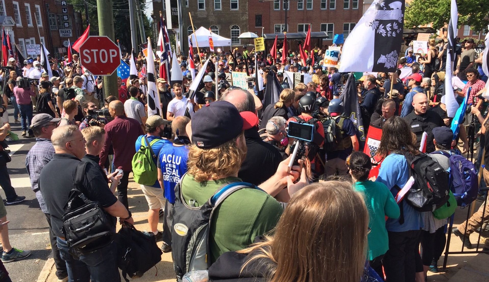 epa06141192 A handout photo made available by the Virginia State Police shows crowd members at the Charlottesville rally in Charlottesville, Virginia, USA, 12 August 2017. According to media reports at least one person was killed and 19 injured after a car hit a crowd of people counter-protesting the 'Unite the Right' rally which was scheduled to take place in Charlottesville on 12 August. At least 15 others were injured in clashes during protests.  EPA/Virginia State Police/ HANDOUT  HANDOUT EDITORIAL USE ONLY/NO SALES