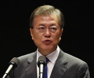 epa06144952 South Korean President Moon Jae-In delivers a speech during a ceremony marking the 72th anniversary of Korea's independence from Japanese colonial rule in 1945 in Seoul, South Korea, 15 August 2017.  EPA/JEON HEON-KYUN / POOL