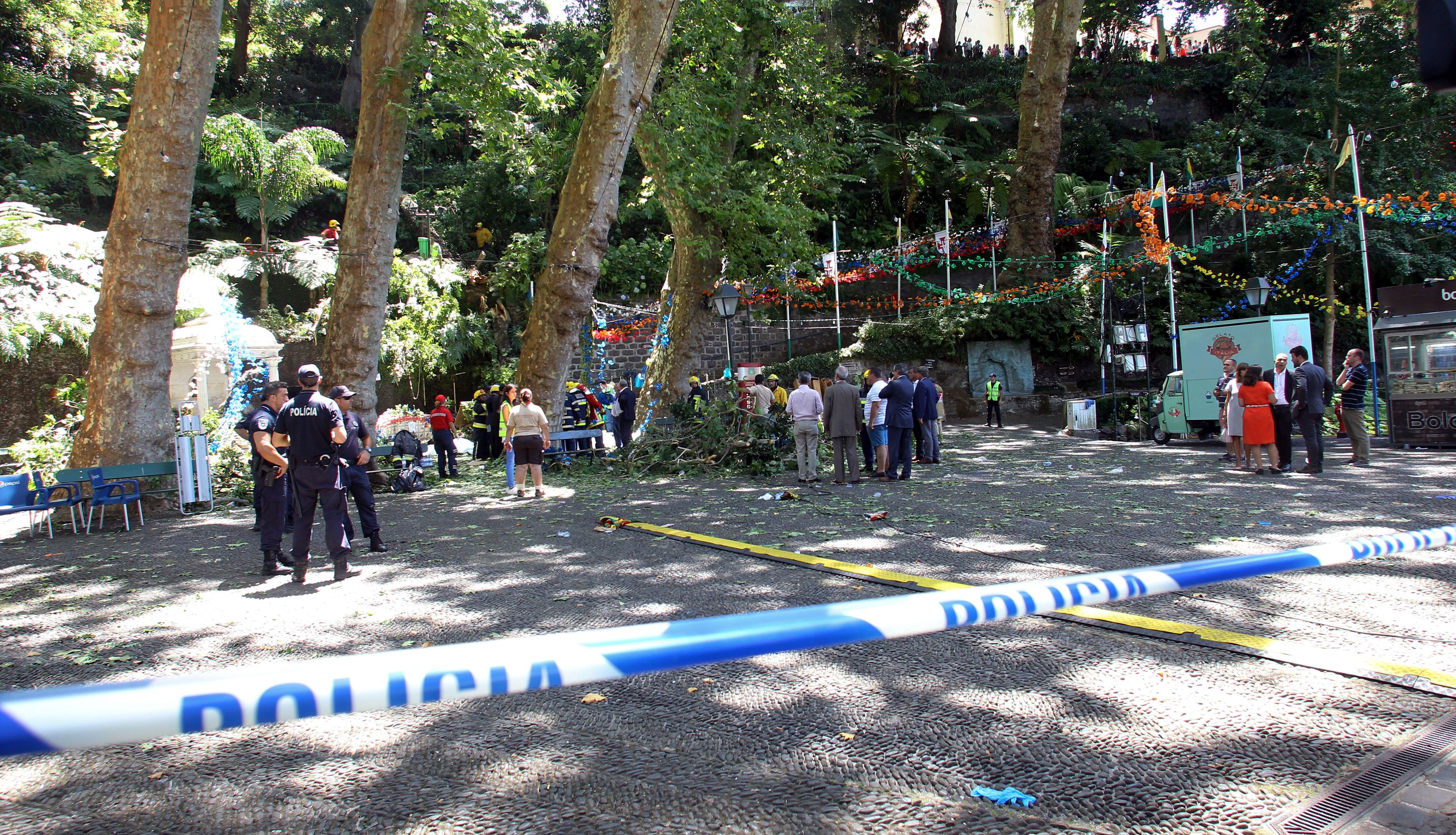 epa06145613 The Police tape secure the site where a large tree fell and injured several people in Largo da Fonte, in the parish of Monte, on the Madeira island, Spain, 15 August 2017. According to reports, the accident occured at a place where the feast of the island's patron saint was taking place.  EPA/HOMEM DE GOUVEIA
