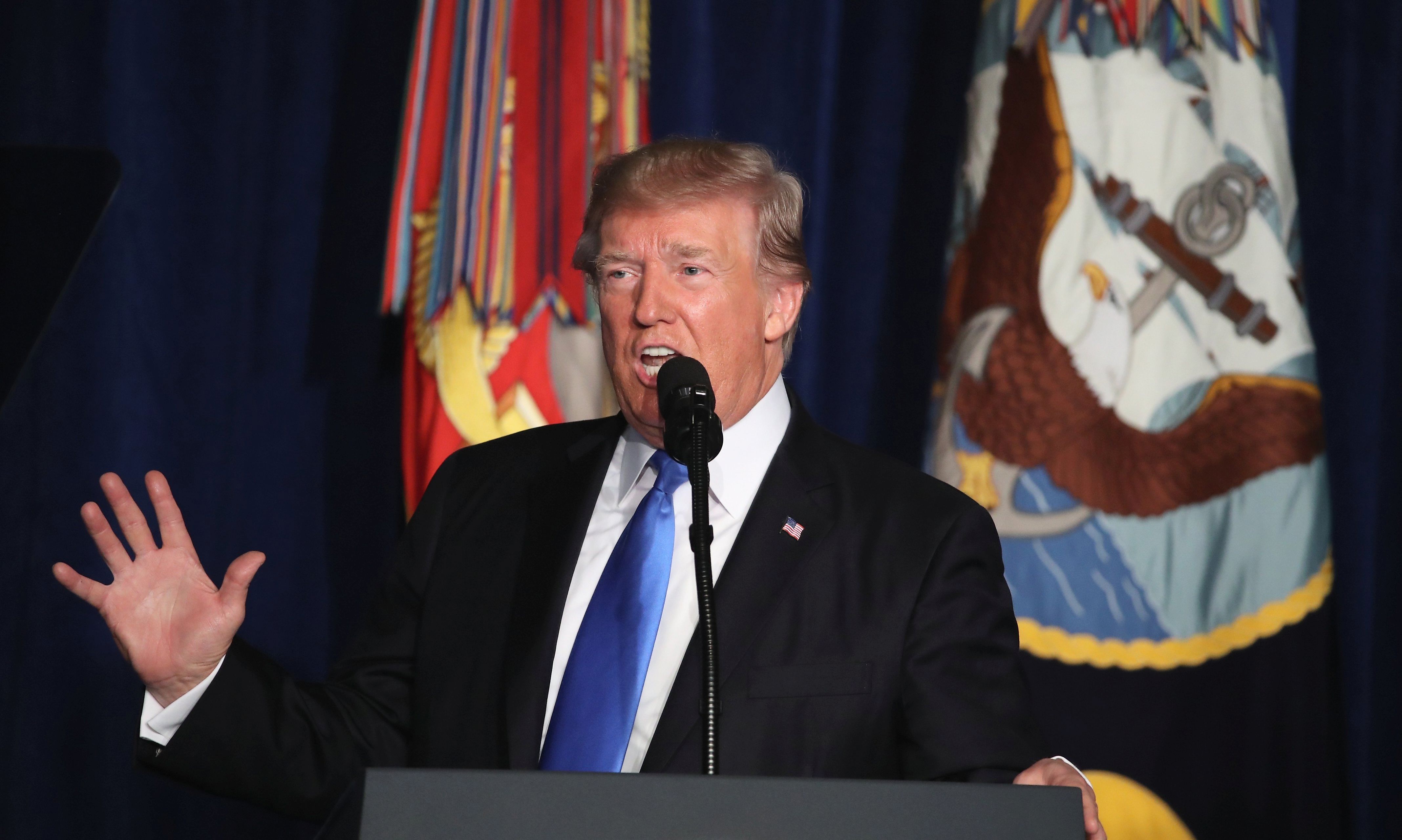 epa06155620 US President Donald J. Trump delivers remarks on Americas military involvement in Afghanistan at the Fort Myer military base in Arlington, Virginia, USA, 21 August 2017. Trump was expected to announce a modest increase in troop levels in Afghanistan, the result of a growing concern by the Pentagon over setbacks on the battlefield for the Afghan military against Taliban and al-Qaeda forces.  EPA/MARK WILSON / POOL