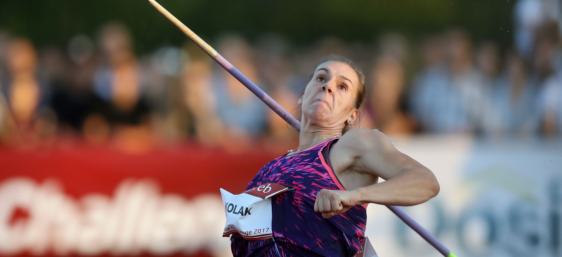 Zagreb, 29.8.2017.- Atletski miting IAAF World Challenge Zagreb 2017, 67. Memorijal Borisa Hanekoviæa na atletskom stadionu na Mladosti. Na slici Sara Kolak iz Hrvatske tijekom natjecanja u bacanju koplja.
foto HINA/ Damir SENÈAR/ ua