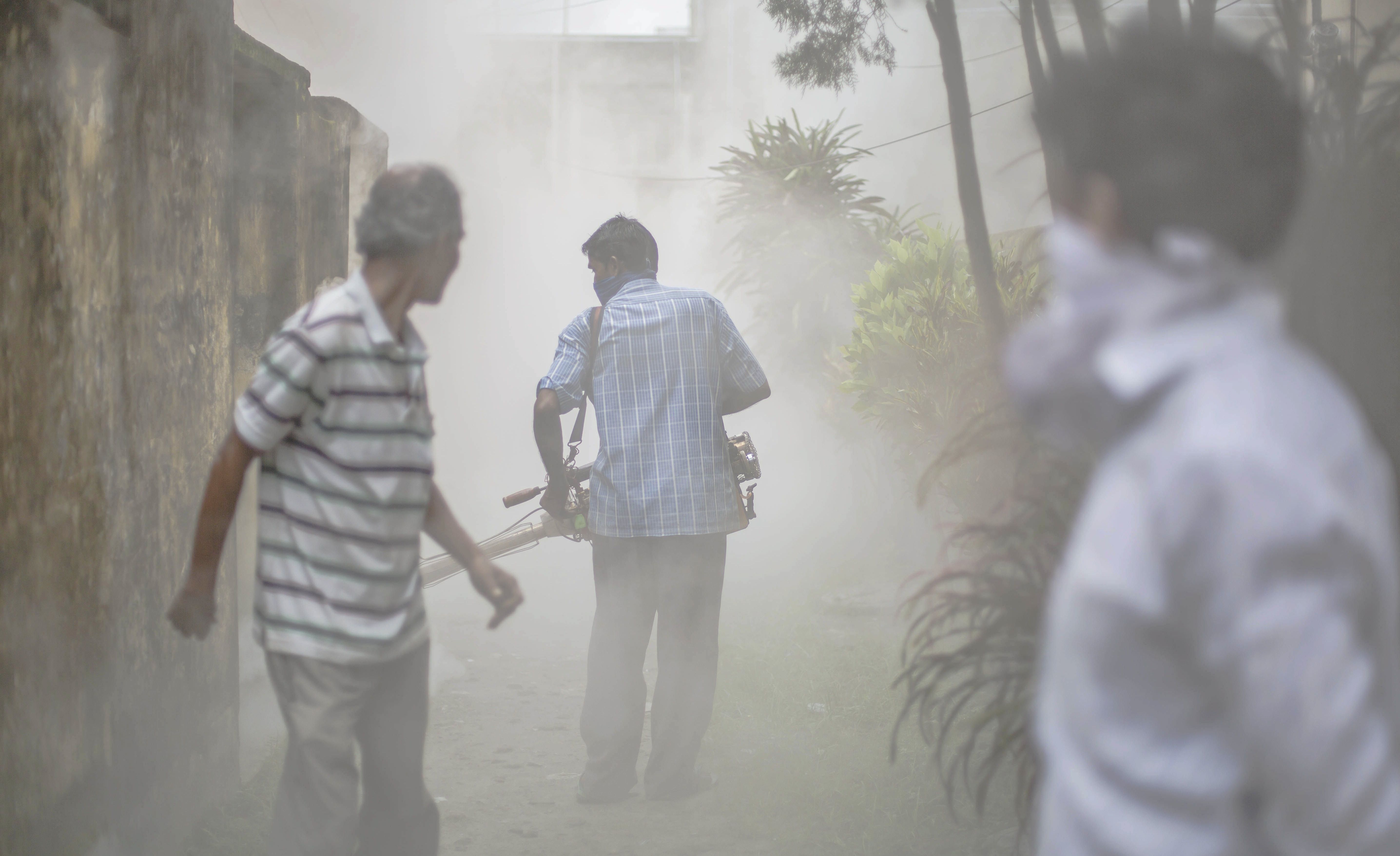 epa06155764 A state government health official (C) fumigates an area to kill mosquitoes with a portable smoke fogger in Calcutta, Eastern India, 22 August 2017. A state government health initiative to fumigate residential areas in Calcutta was carried out aimed to kill potential dengue and malaria carrying mosquitoes.  EPA/PIYAL ADHIKARY